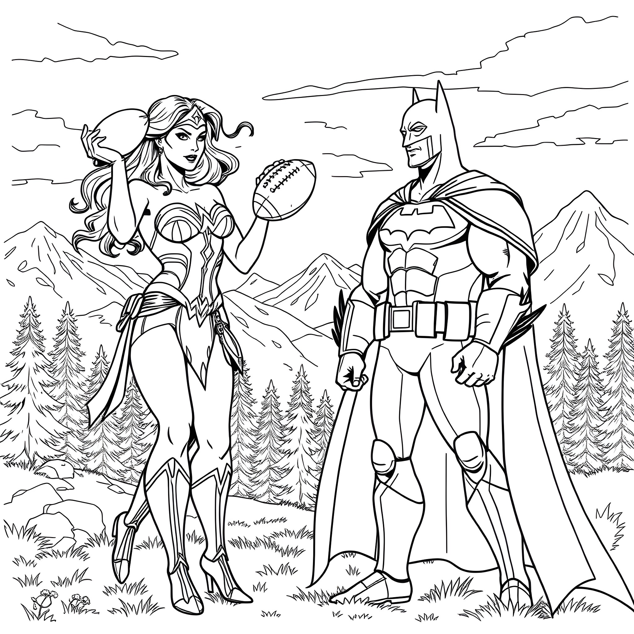 Wonder Woman and Batman in action pose Coloring Page (free black-and-white line drawing printable PDF for all, from beginners to advanced learners, including children, teens, adults, and seniors)
