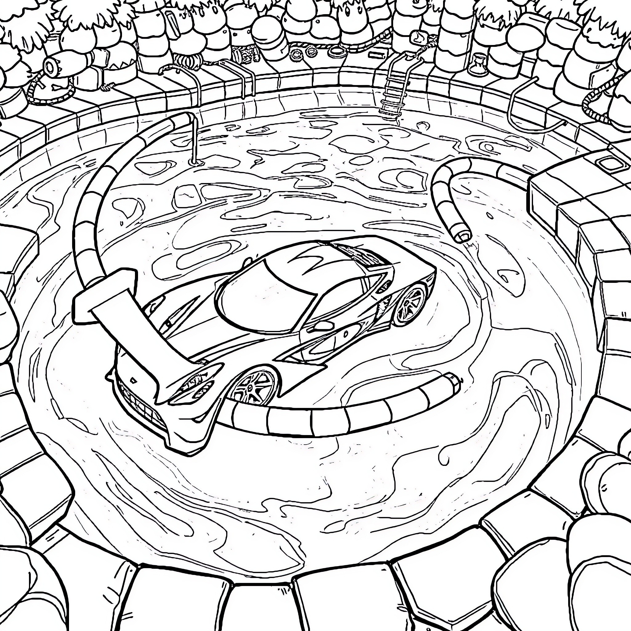 Hot Wheels car racing through a swirling portal Coloring Page (free black-and-white line drawing printable PDF for all, from beginners to advanced learners, including children, teens, adults, and seniors)