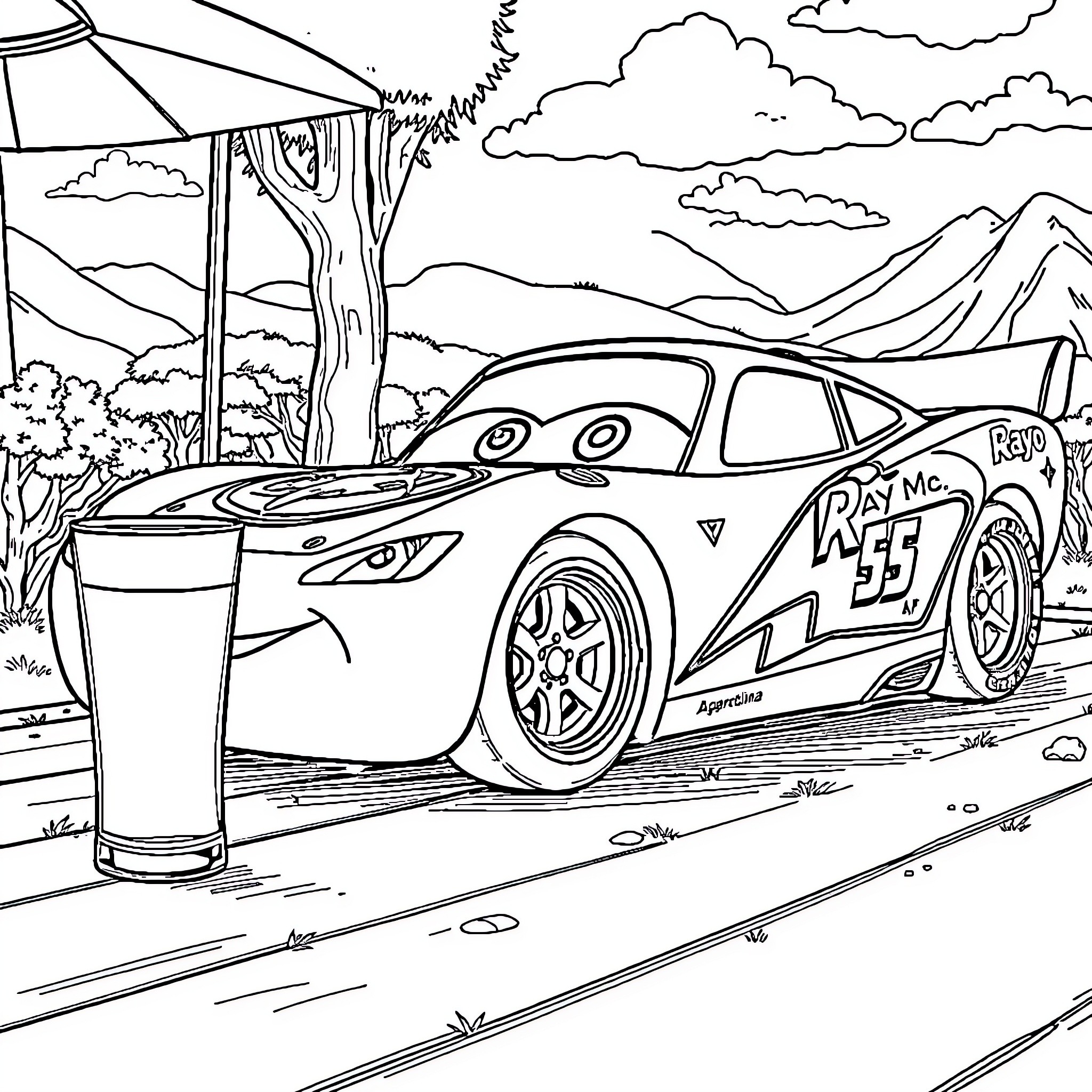 Rayo McQueen racing through the countryside Coloring Page (free black-and-white line drawing printable PDF for all, from beginners to advanced learners, including children, teens, adults, and seniors)