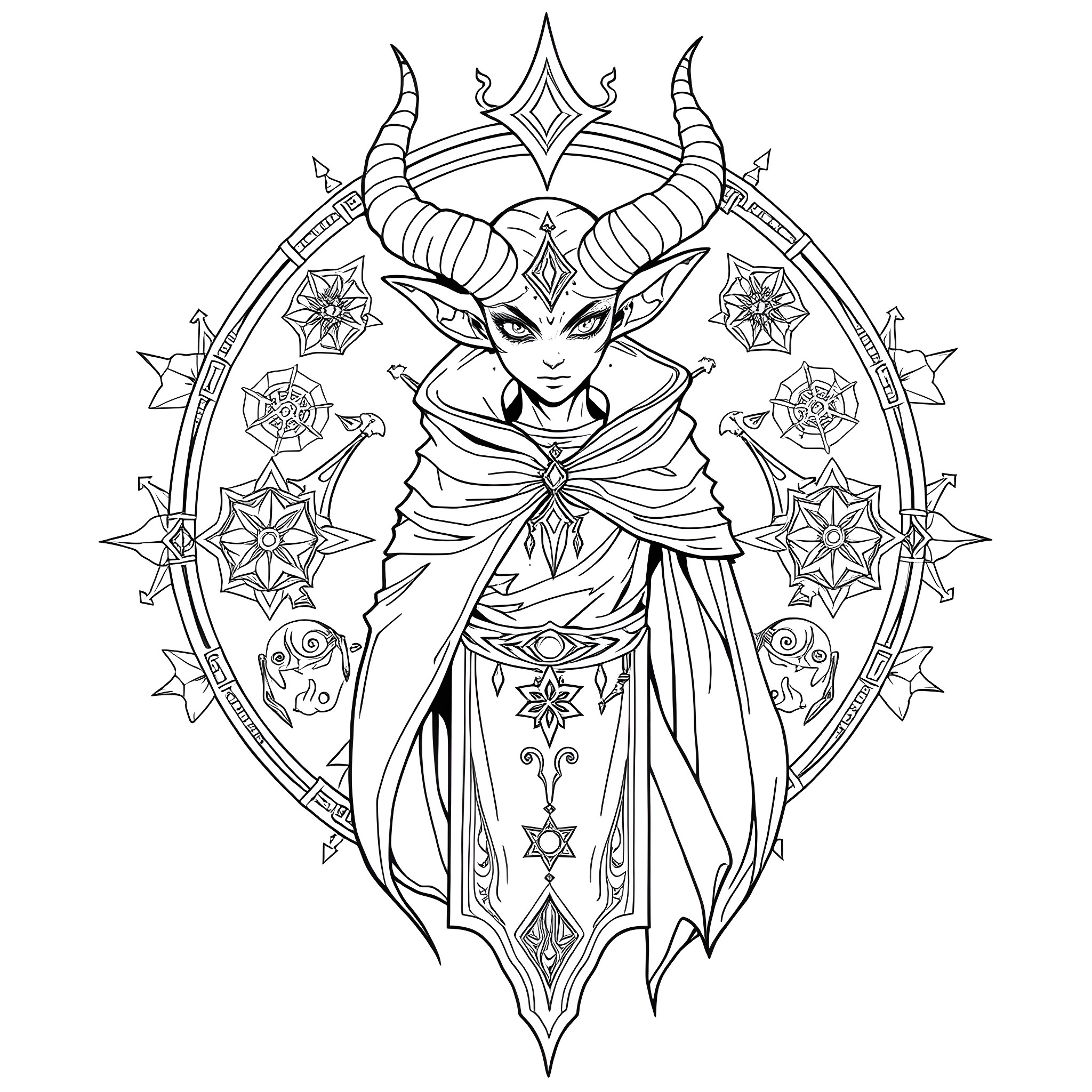 Tiefling mystical creature with ornate costume and accessories Coloring Page (free black-and-white line drawing printable PDF for all, from beginners to advanced learners, including children, teens, adults, and seniors)