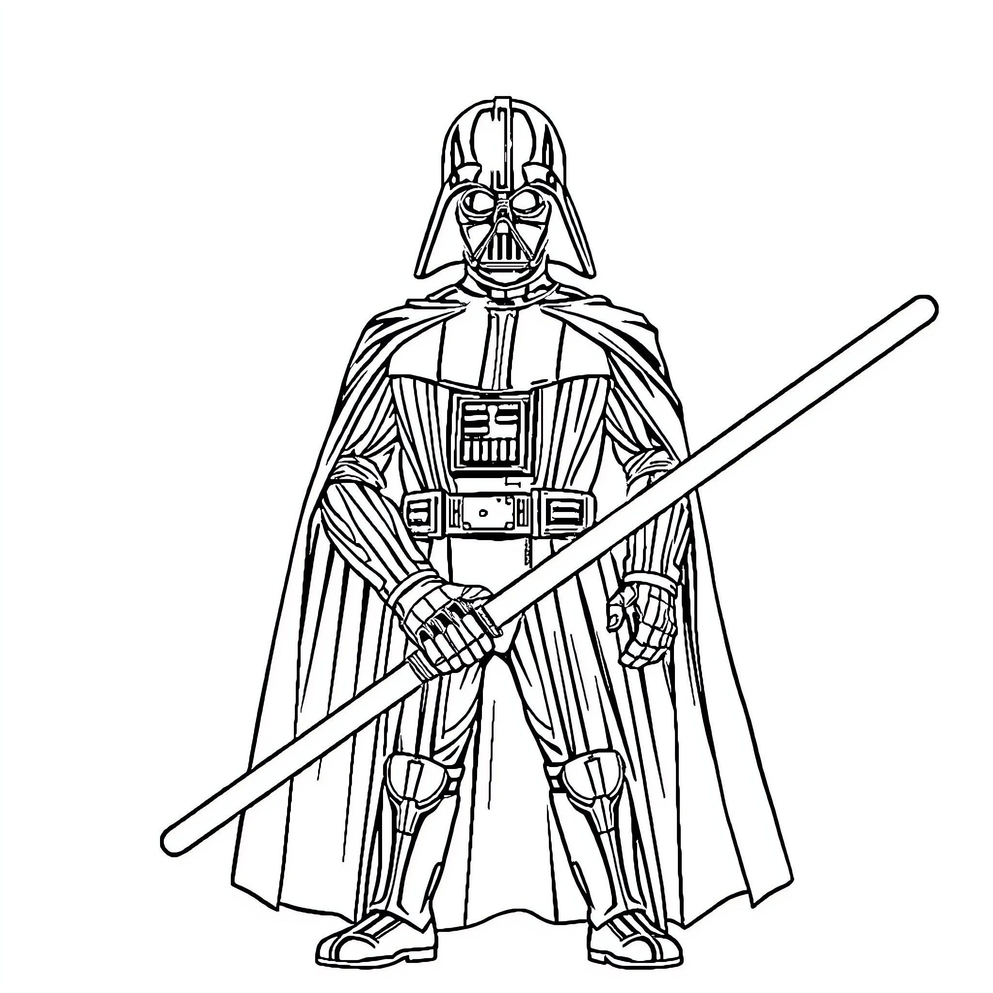 Darth Vader in full battle regalia wielding his iconic lightsaber Coloring Page (free black-and-white line drawing printable PDF for all, from beginners to advanced learners, including children, teens, adults, and seniors)