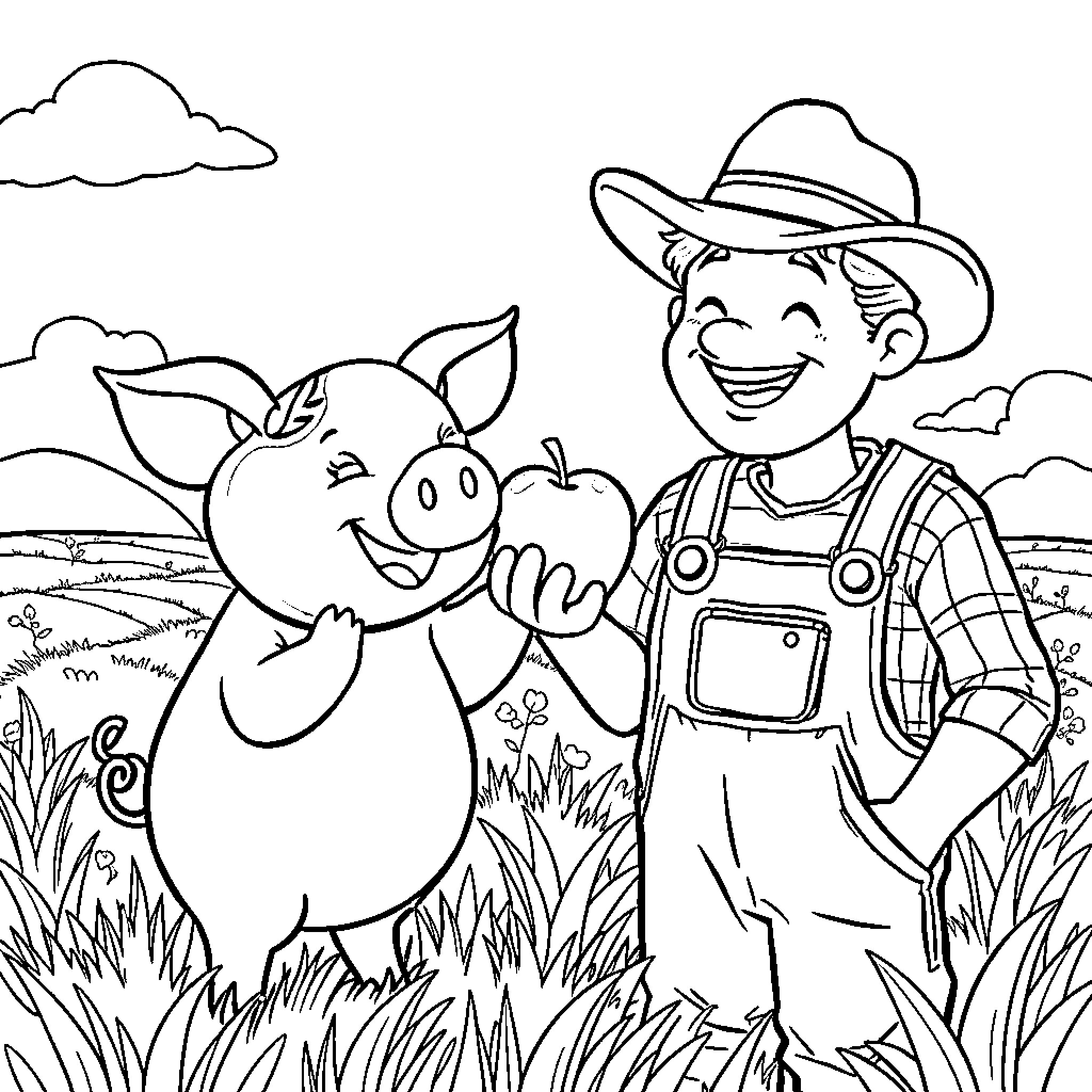 Pig and farmer enjoying the countryside Coloring Page (free black-and-white line drawing printable PDF for all, from beginners to advanced learners, including children, teens, adults, and seniors)