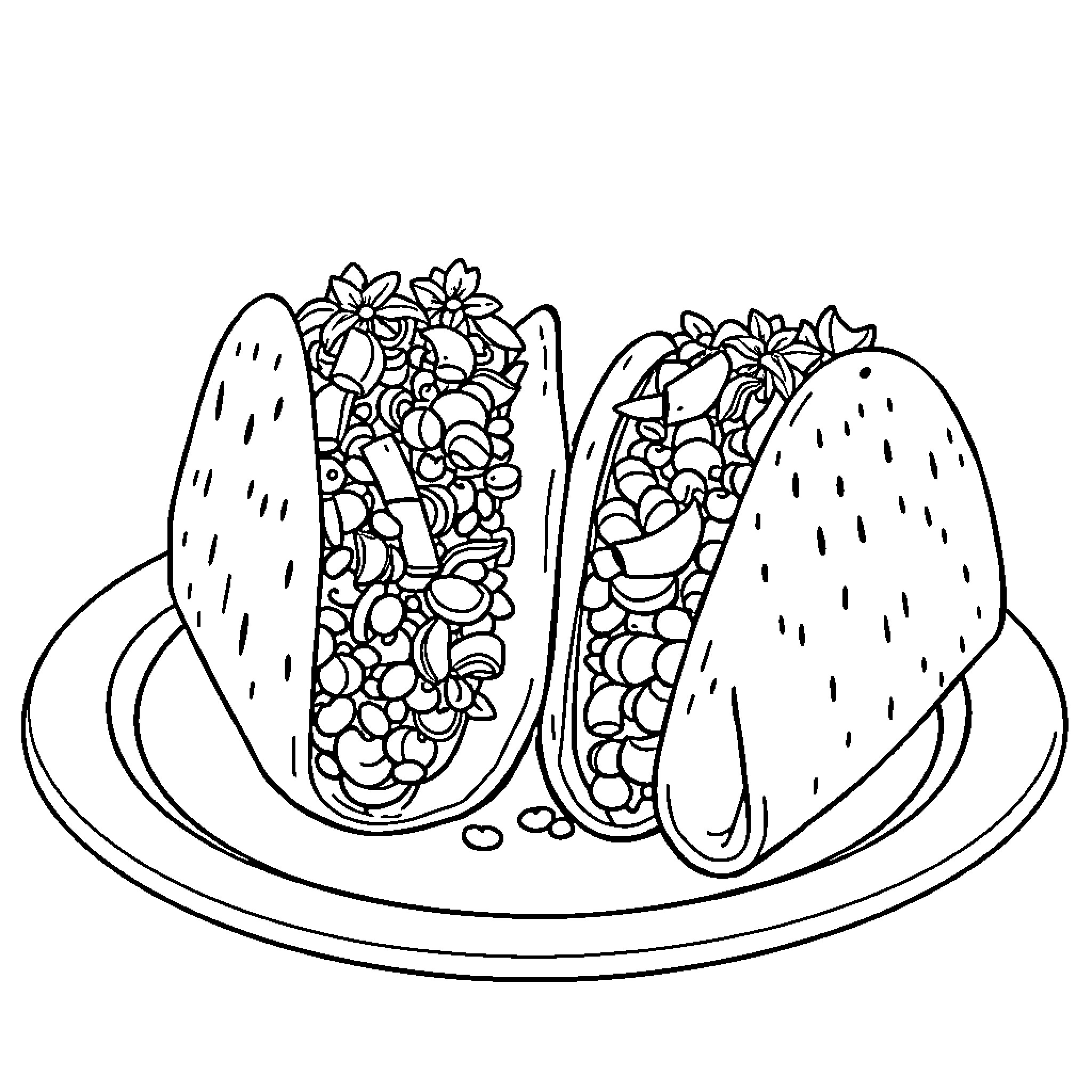 Taco Tuesday with Festive Toppings Coloring Page (free black-and-white line drawing printable PDF for all, from beginners to advanced learners, including children, teens, adults, and seniors)