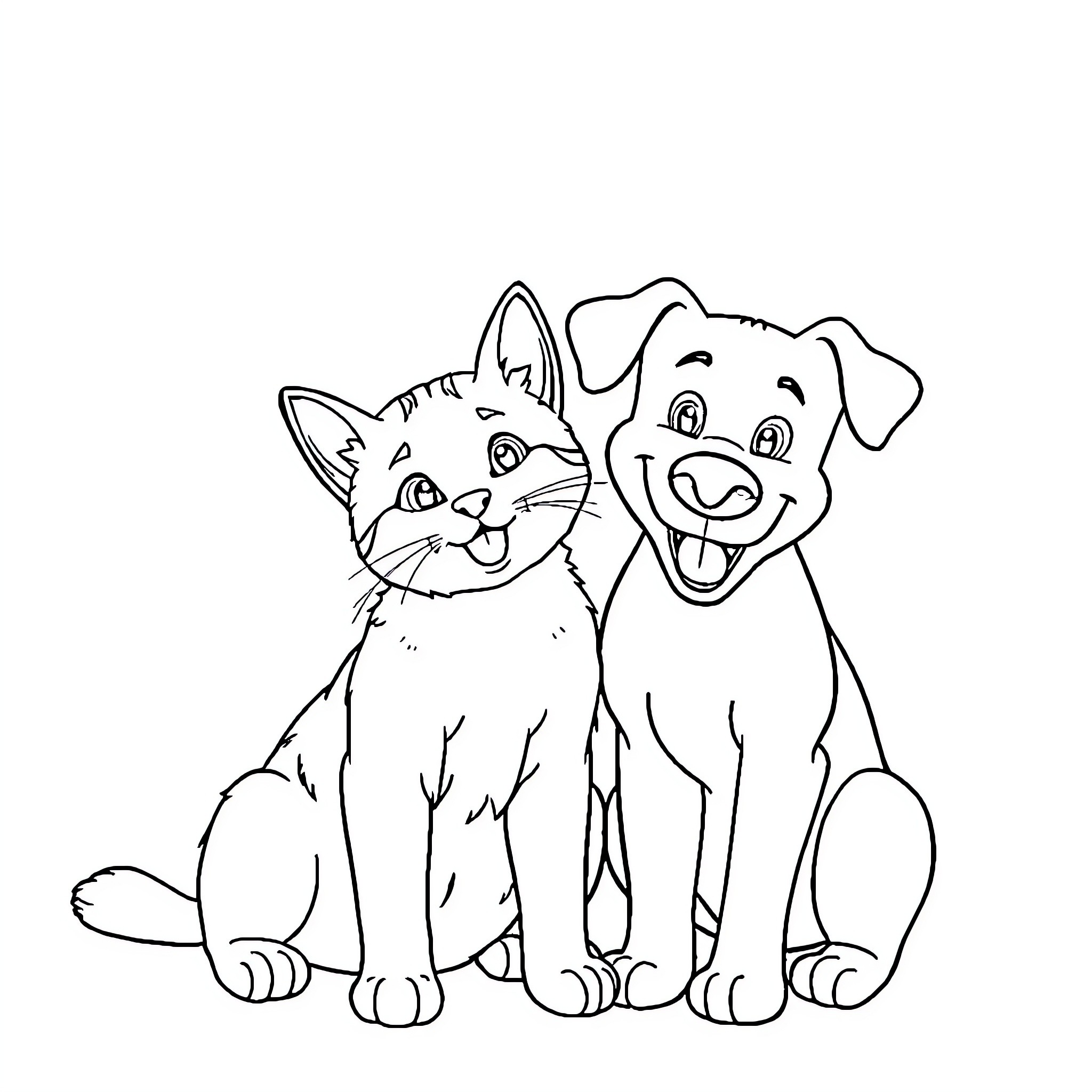 Cat and Dog Cartoon Companions Coloring Page (free black-and-white line drawing printable PDF for all, from beginners to advanced learners, including children, teens, adults, and seniors)
