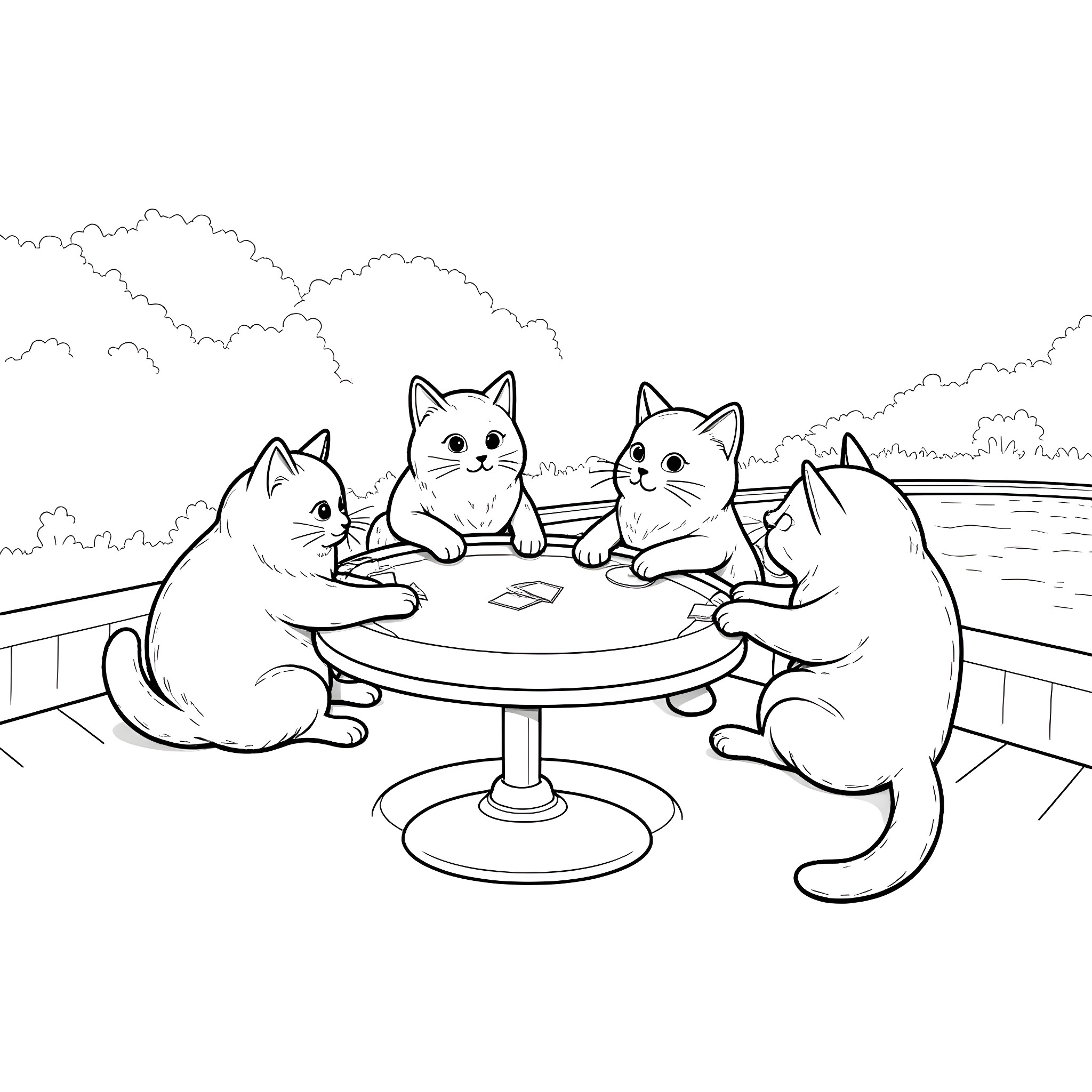 Cats playing together on a table outdoors Coloring Page (free black-and-white line drawing printable PDF for all, from beginners to advanced learners, including children, teens, adults, and seniors)
