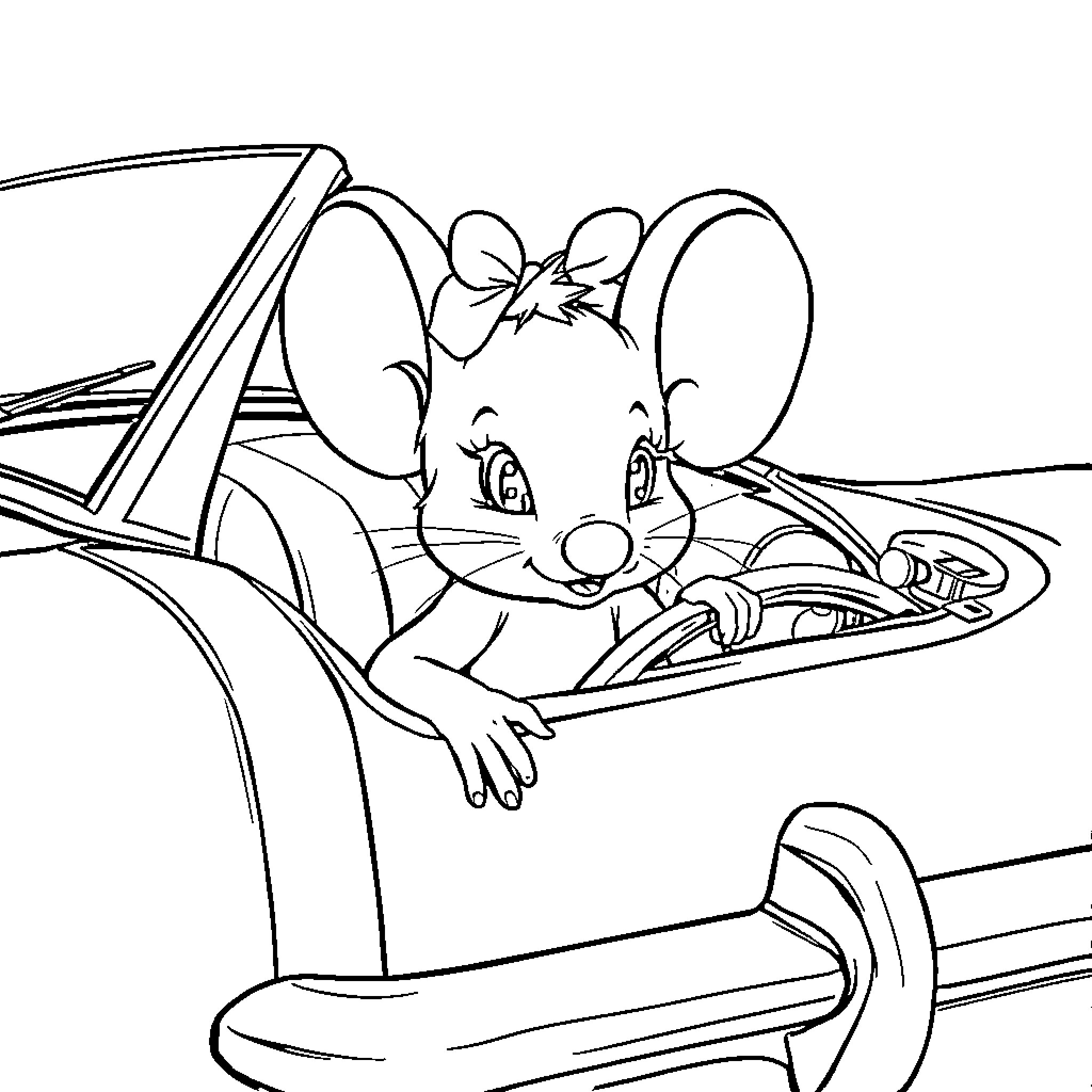 Mouse driving a car with big eyes and bow Coloring Page (free black-and-white line drawing printable PDF for all, from beginners to advanced learners, including children, teens, adults, and seniors)