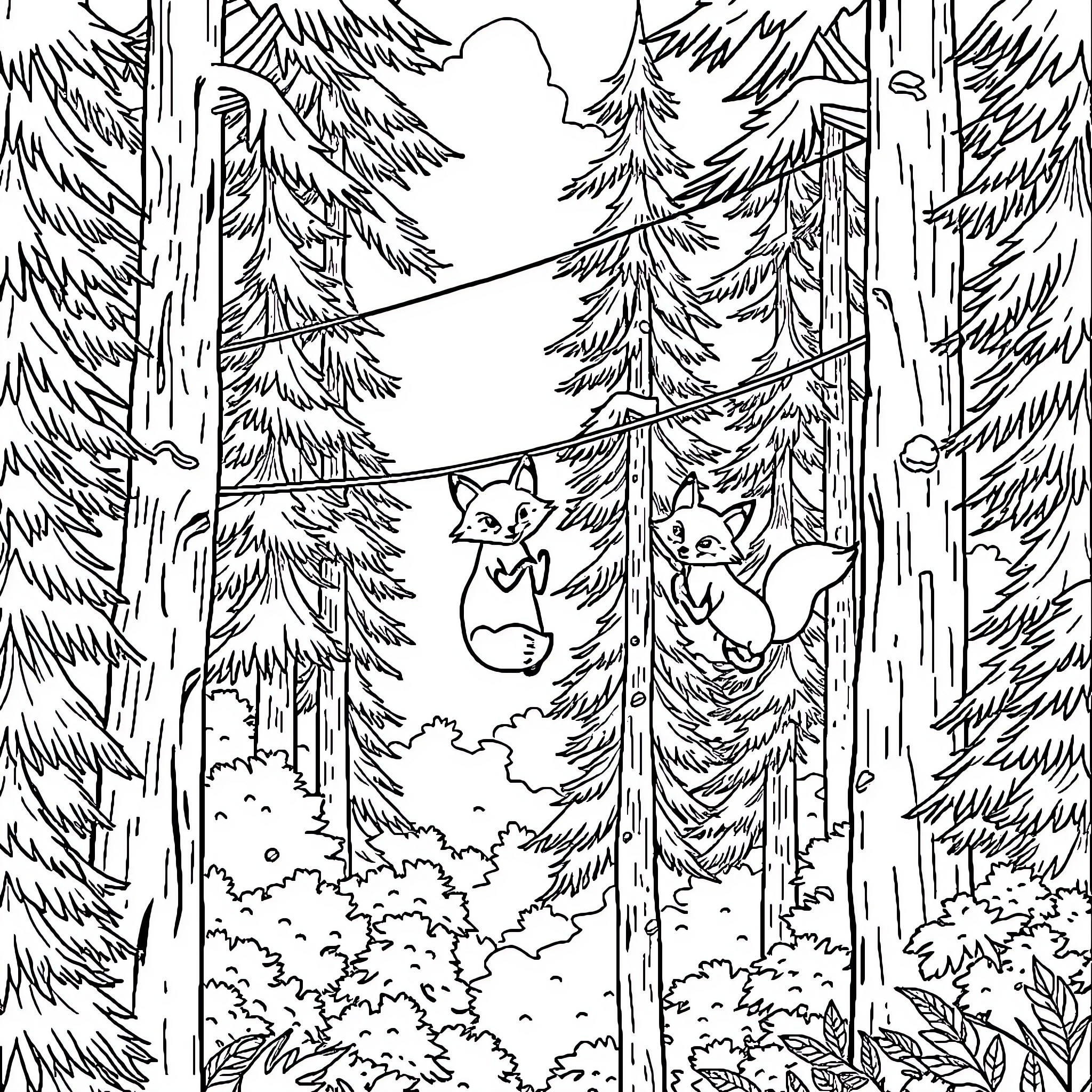 Fox Siblings Frolicking in the Enchanted Forest Coloring Page (free black-and-white line drawing printable PDF for all, from beginners to advanced learners, including children, teens, adults, and seniors)