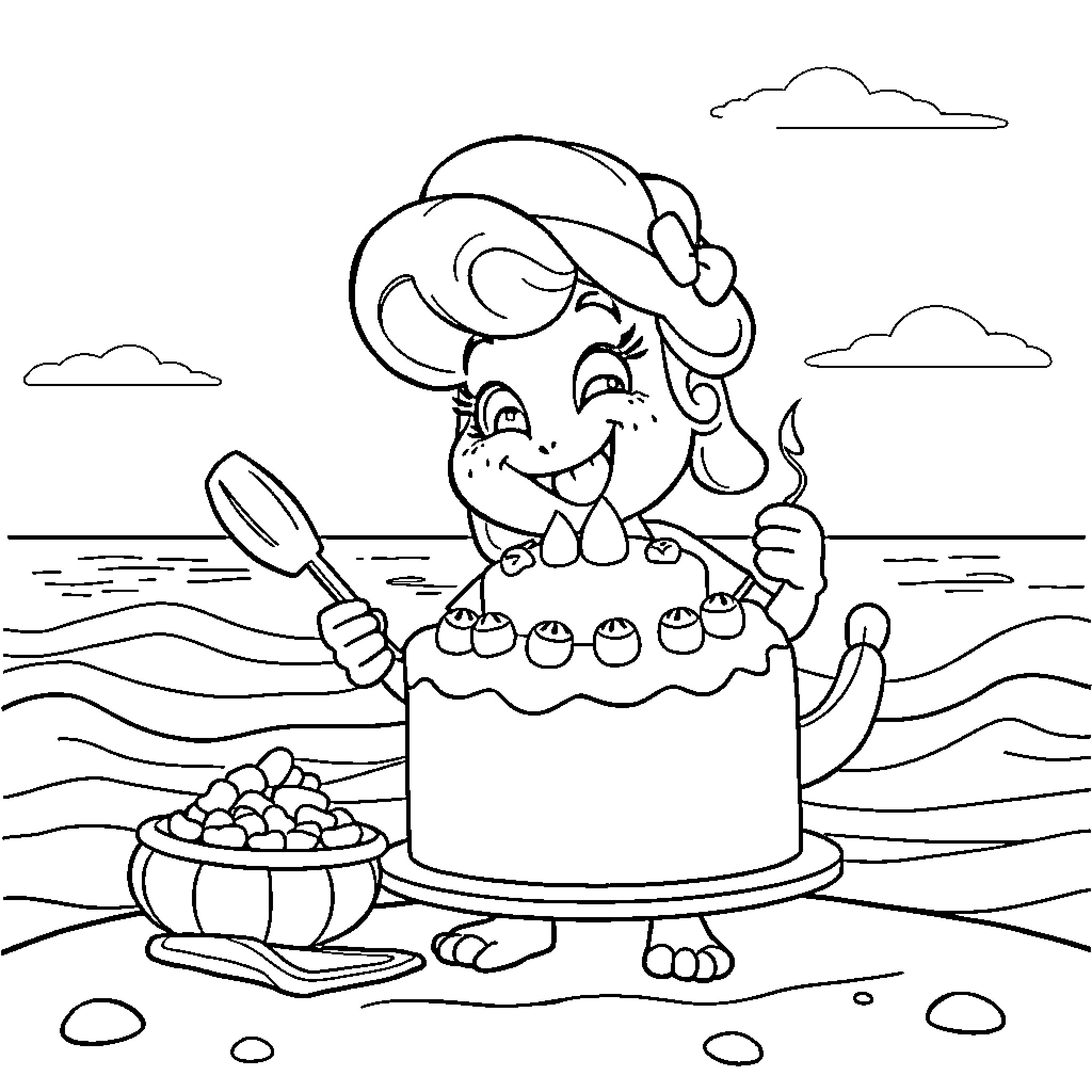 Cakey character baking cakes on the beach Coloring Page (free black-and-white line drawing printable PDF for all, from beginners to advanced learners, including children, teens, adults, and seniors)