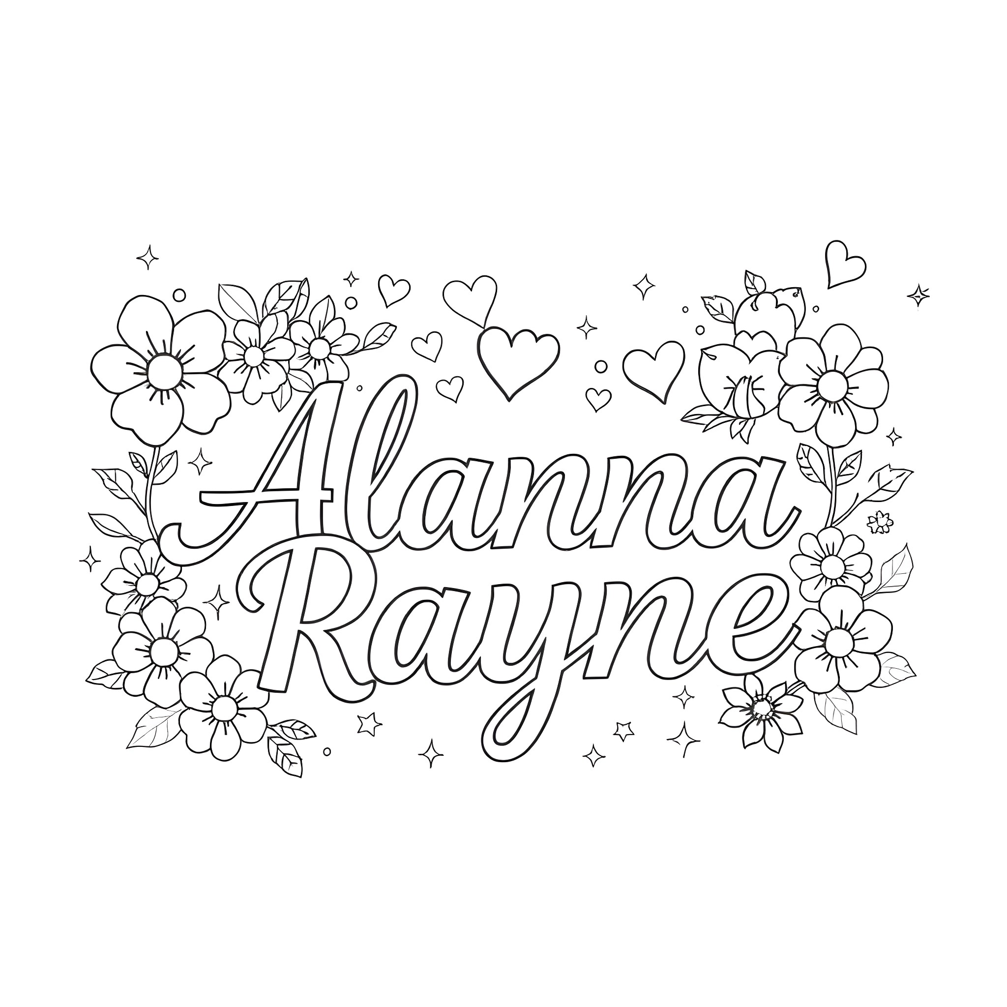 Font of Floral Delight with Name Coloring Page (free black-and-white line drawing printable PDF for all, from beginners to advanced learners, including children, teens, adults, and seniors)