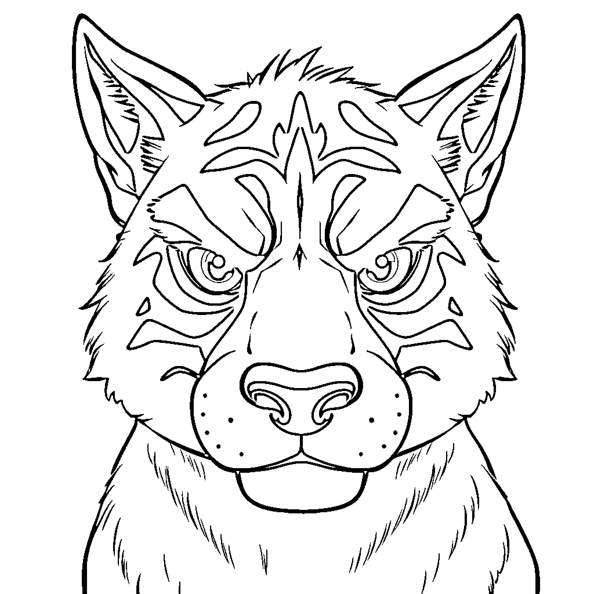 Huntrix Fearsome Lupine Gaze Coloring Page (free black-and-white line drawing printable PDF for all, from beginners to advanced learners, including children, teens, adults, and seniors)