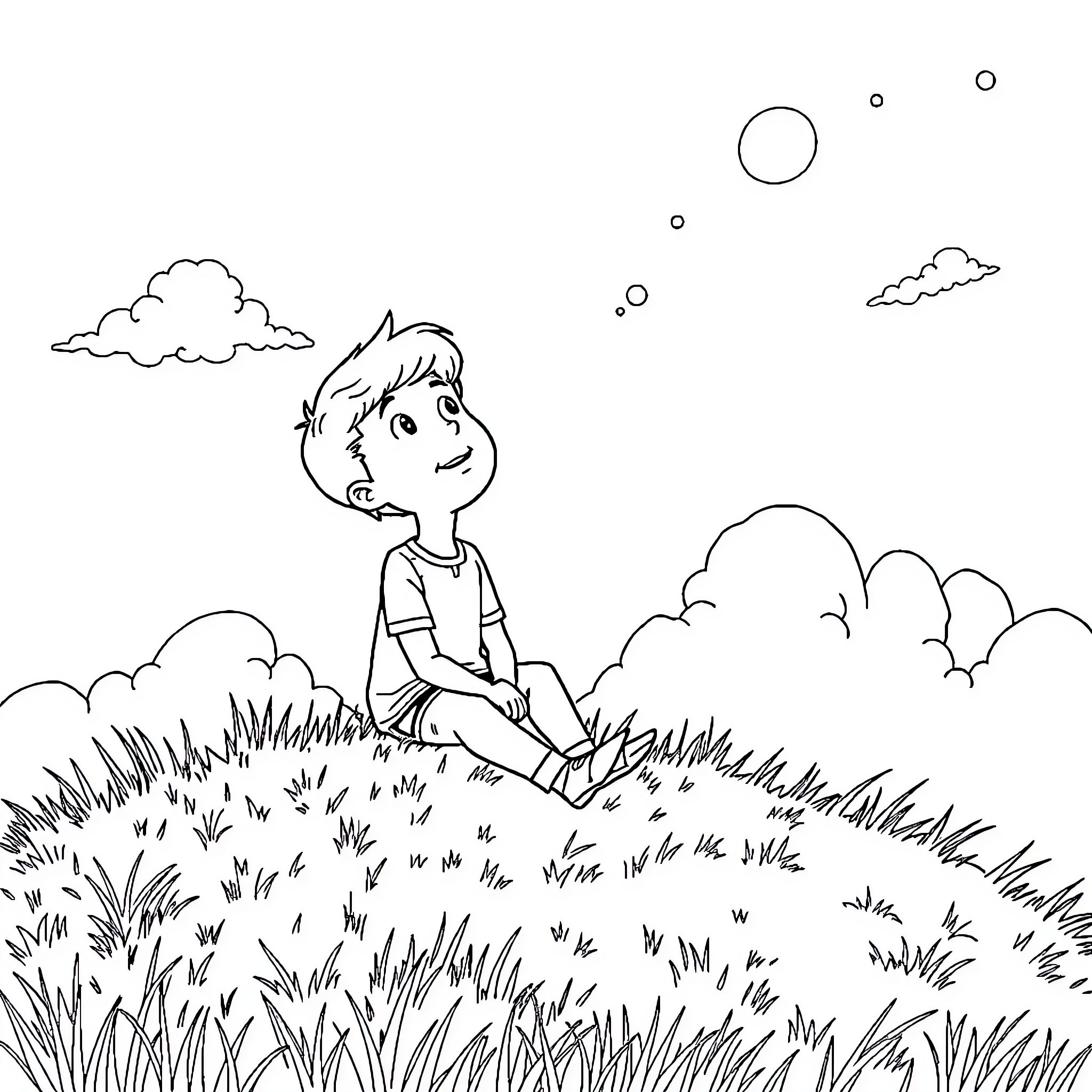Luke enjoying the outdoors in a peaceful meadow Coloring Page (free black-and-white line drawing printable PDF for all, from beginners to advanced learners, including children, teens, adults, and seniors)