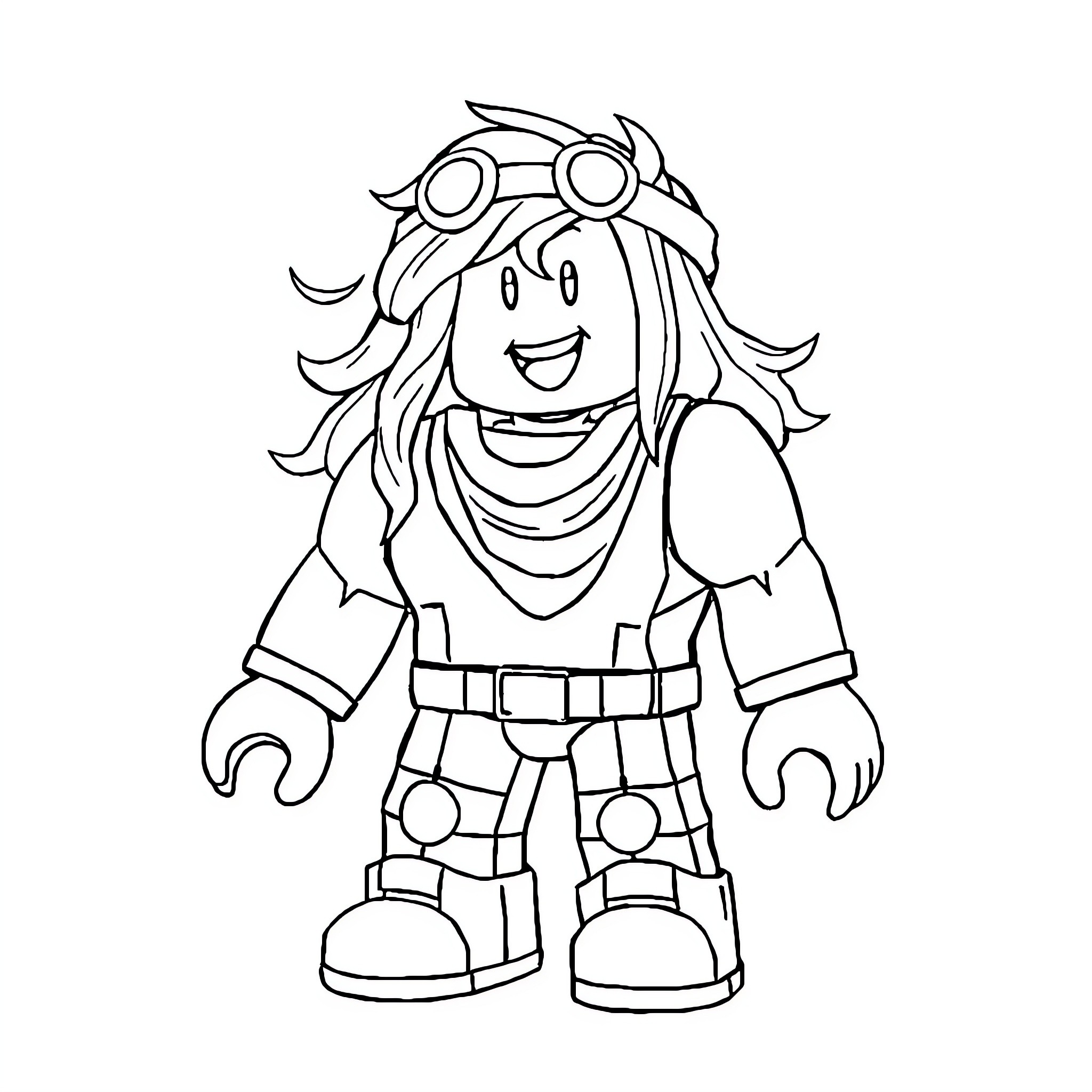Roblox character with goggles and adventurous outfit Coloring Page (free black-and-white line drawing printable PDF for all, from beginners to advanced learners, including children, teens, adults, and seniors)