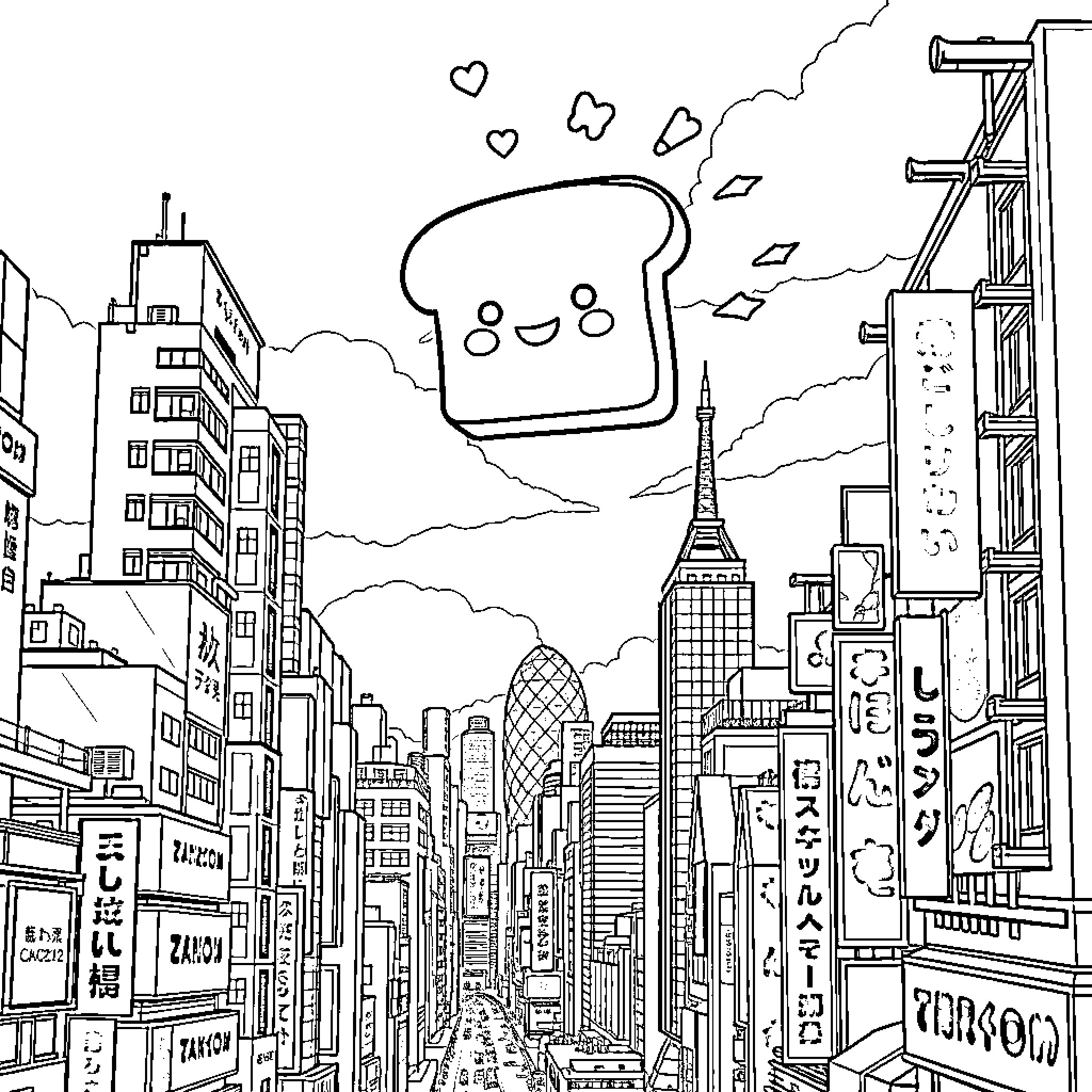 Toast-themed Character Soaring Over City Skyline Coloring Page (free black-and-white line drawing printable PDF for all, from beginners to advanced learners, including children, teens, adults, and seniors)