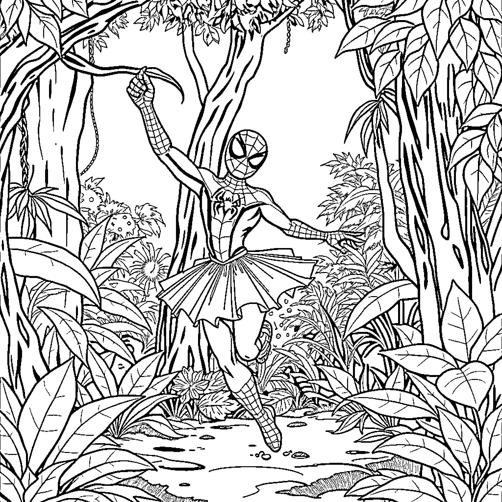 Spider-Man dancing in a tutu amidst a jungle Coloring Page (free black-and-white line drawing printable PDF for all, from beginners to advanced learners, including children, teens, adults, and seniors)