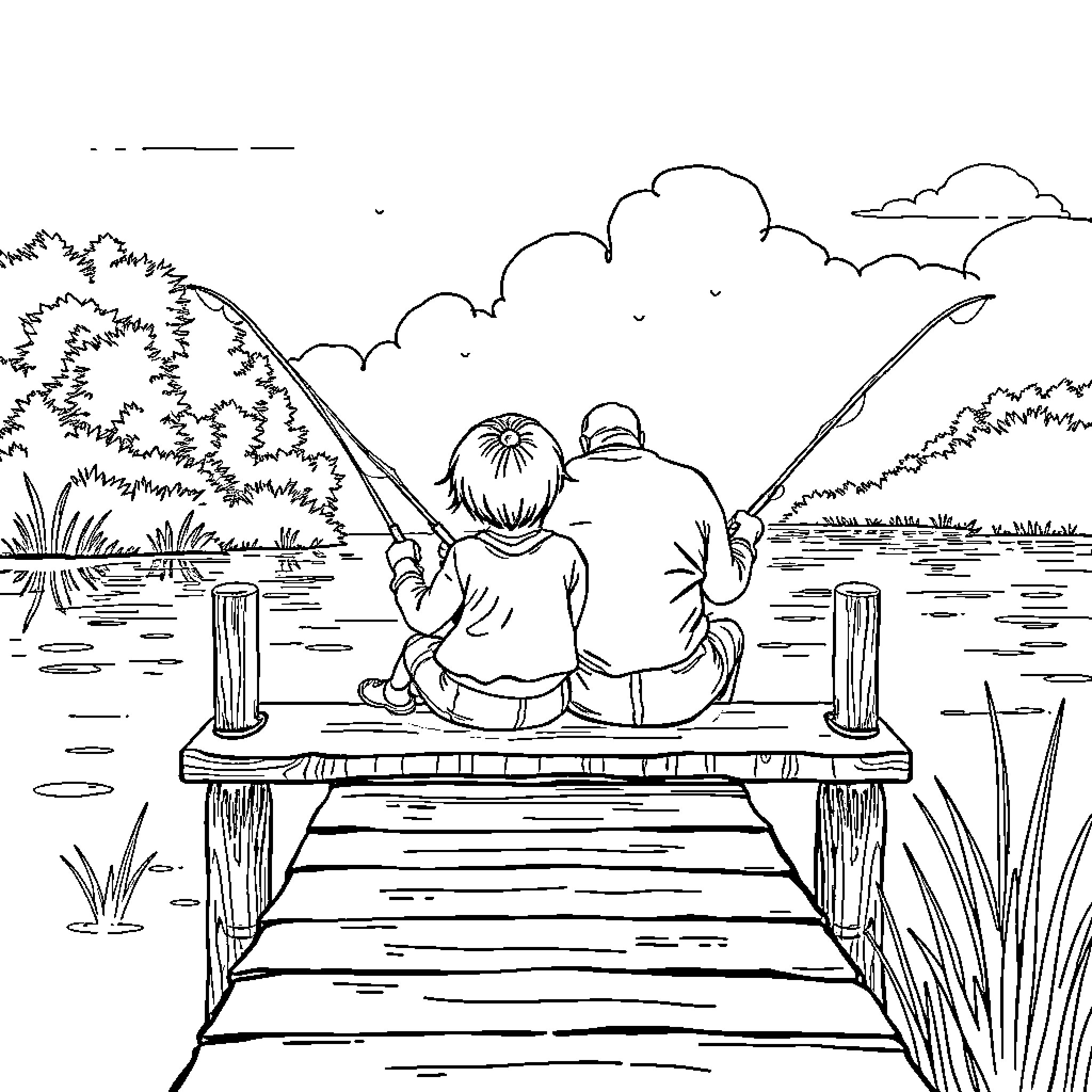 Father and son fishing on a dock Coloring Page (free black-and-white line drawing printable PDF for all, from beginners to advanced learners, including children, teens, adults, and seniors)