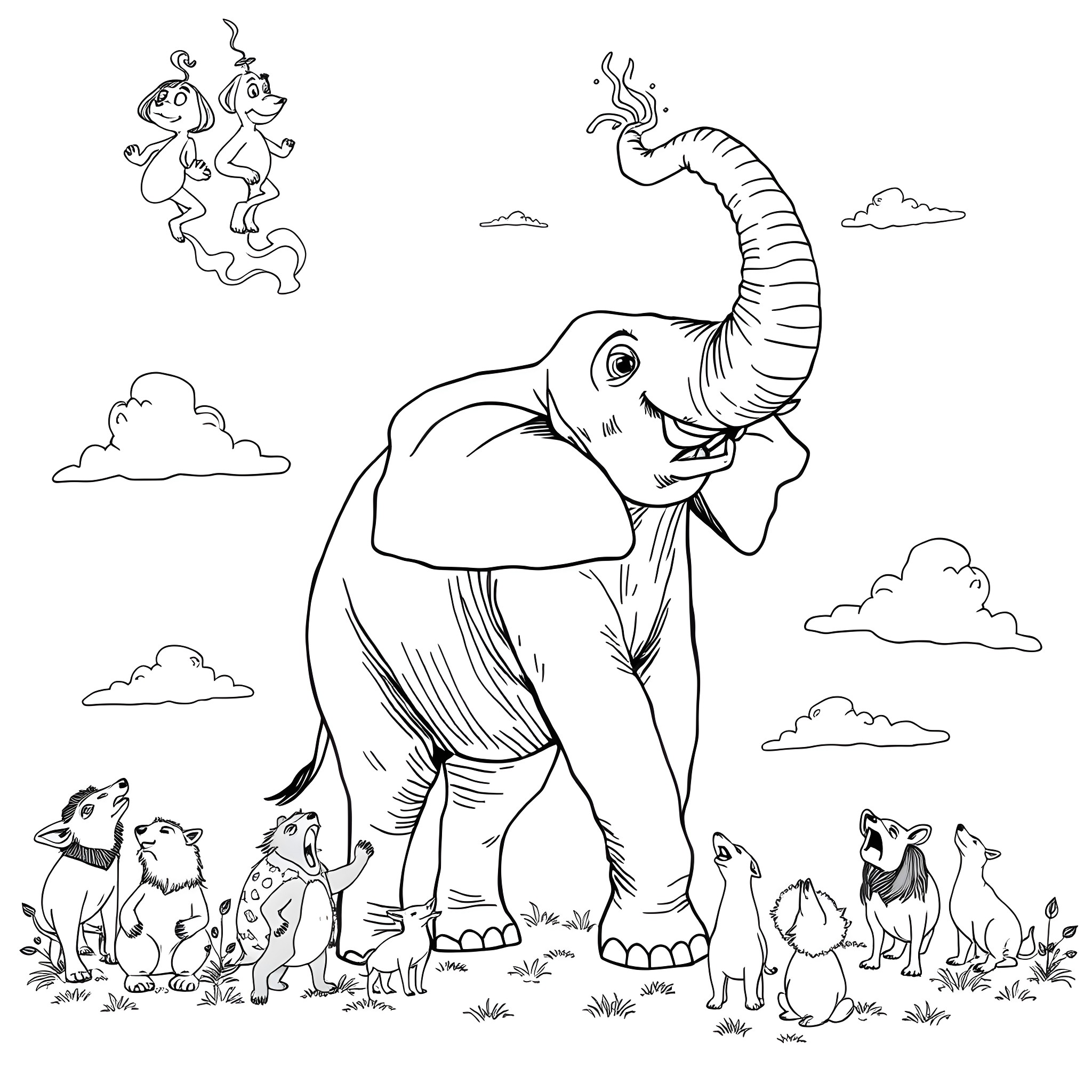 Elephant among other animals in the wild Coloring Page (free black-and-white line drawing printable PDF for all, from beginners to advanced learners, including children, teens, adults, and seniors)