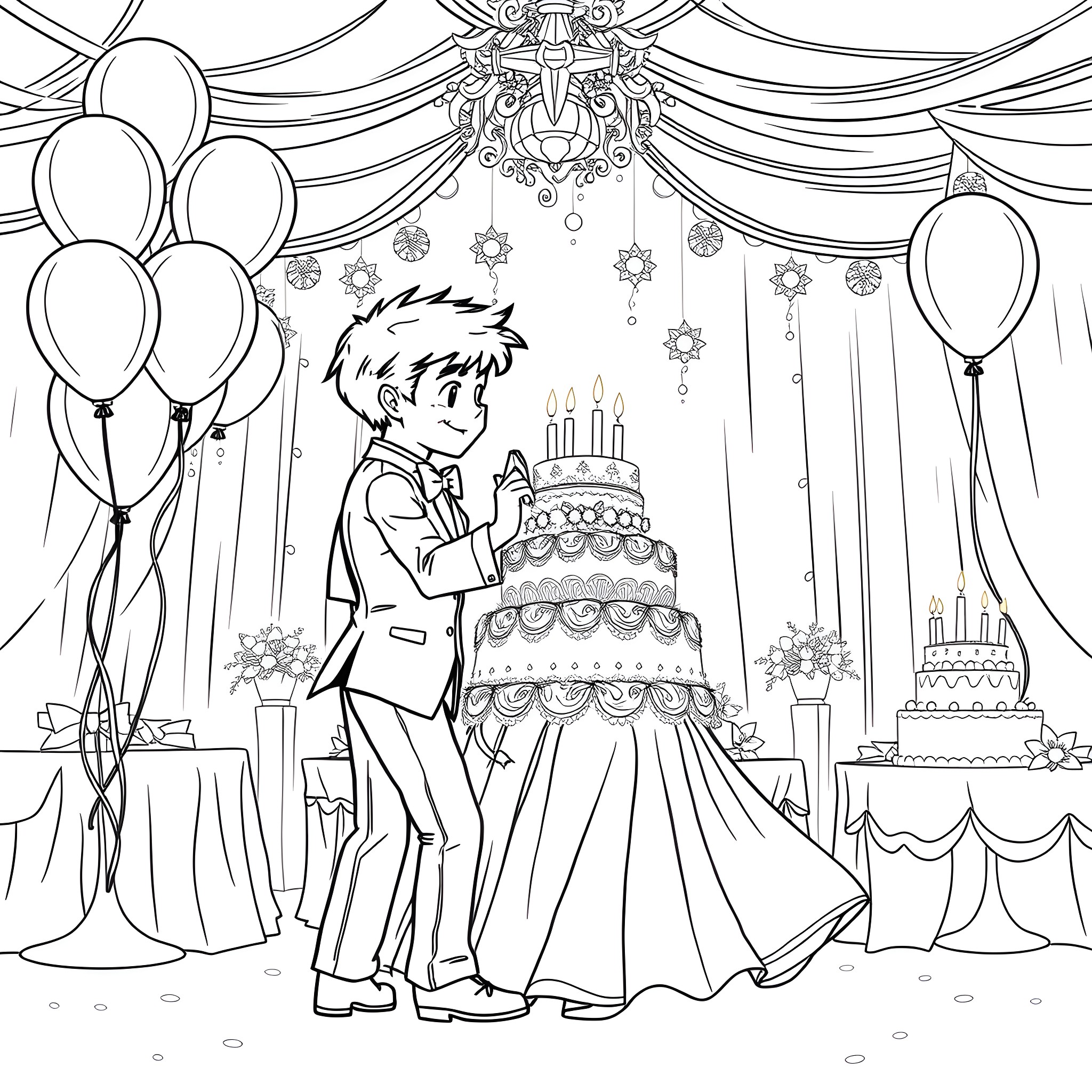 Jack and Sally's Birthday Party Celebration Coloring Page (free black-and-white line drawing printable PDF for all, from beginners to advanced learners, including children, teens, adults, and seniors)