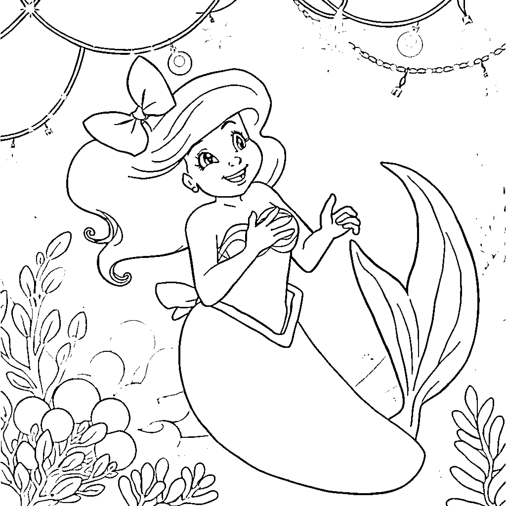 Ariel exploring the underwater world Coloring Page (free black-and-white line drawing printable PDF for all, from beginners to advanced learners, including children, teens, adults, and seniors)