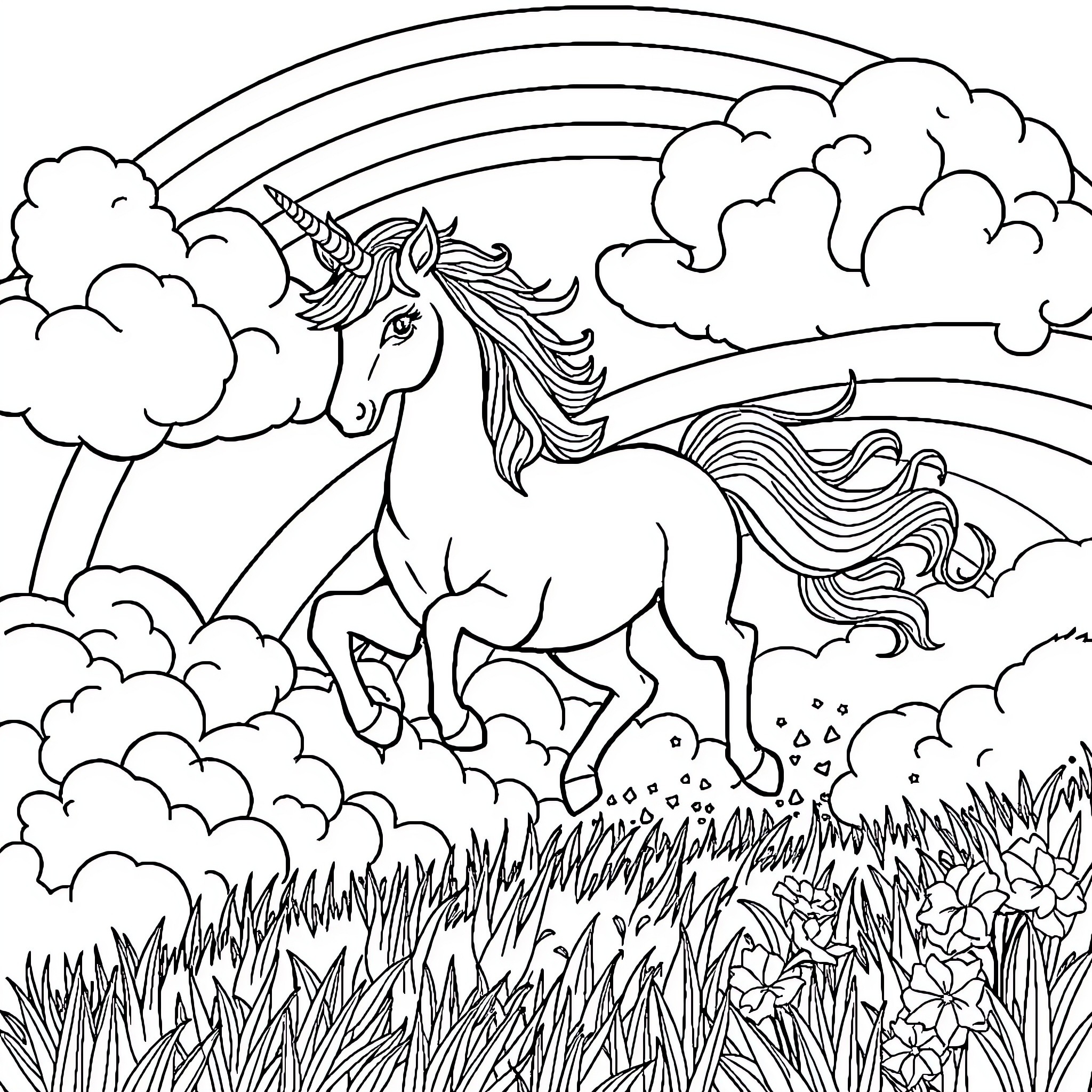 Unicorn galloping through a magical landscape Coloring Page (free black-and-white line drawing printable PDF for all, from beginners to advanced learners, including children, teens, adults, and seniors)