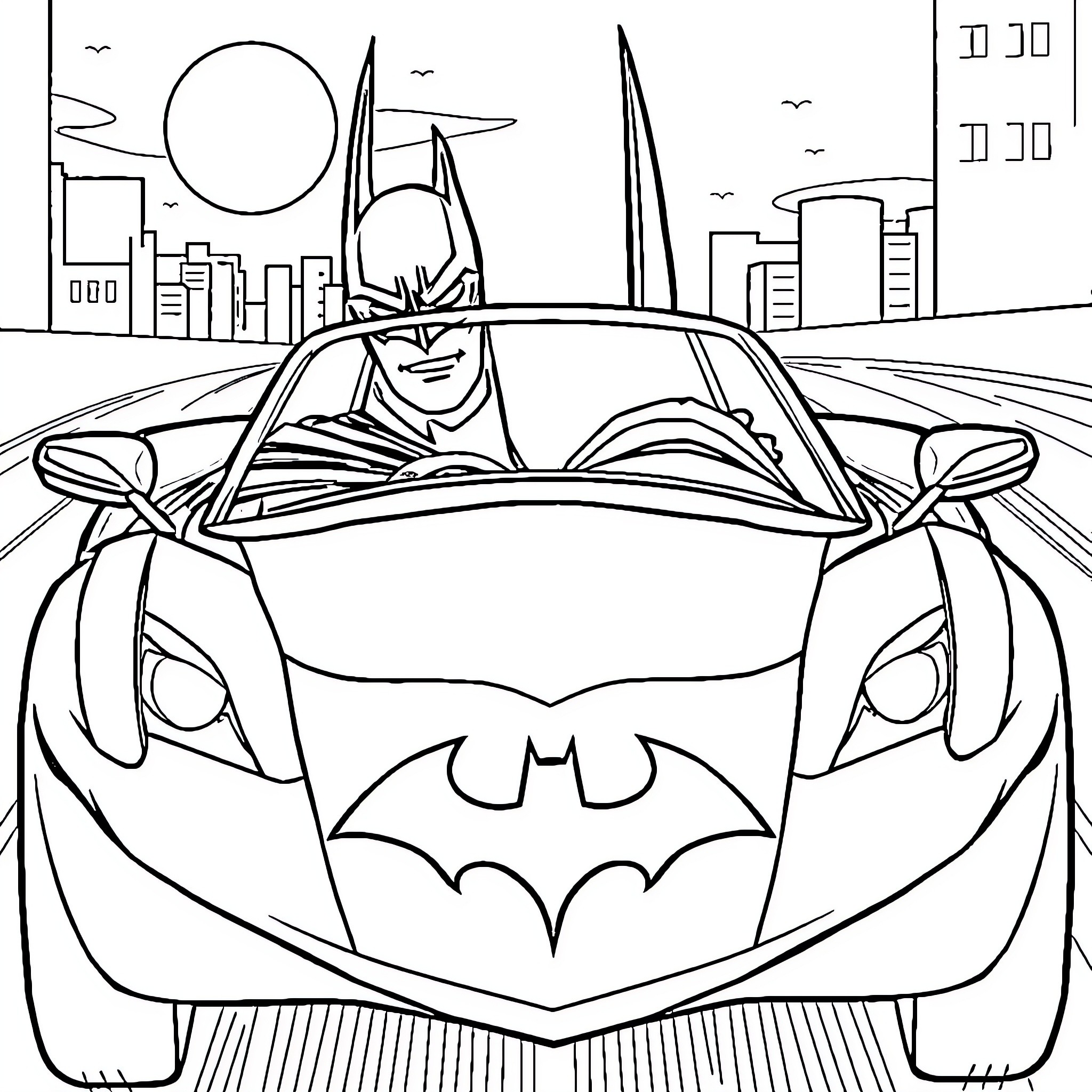 Batman Car driving through the city Coloring Page (free black-and-white line drawing printable PDF for all, from beginners to advanced learners, including children, teens, adults, and seniors)