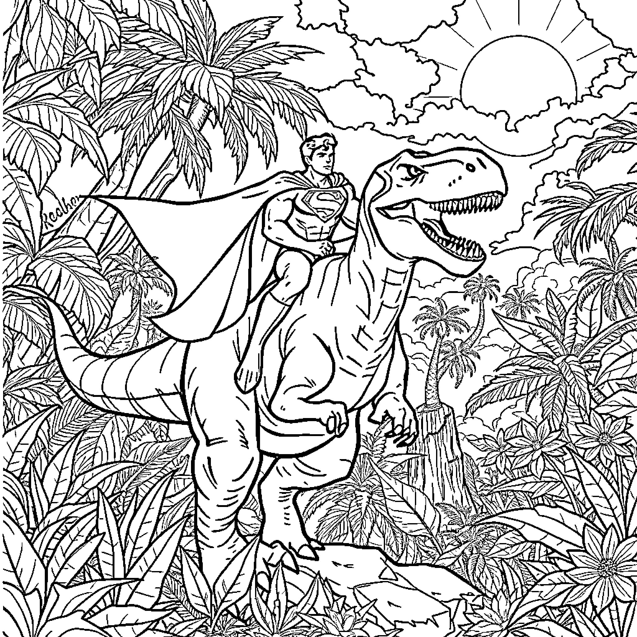 Superman soars over the prehistoric jungle landscape Coloring Page (free black-and-white line drawing printable PDF for all, from beginners to advanced learners, including children, teens, adults, and seniors)