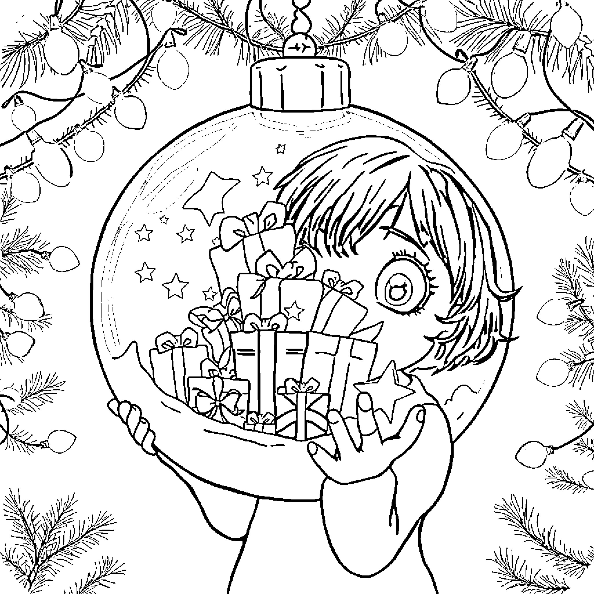 Girl holding a Christmas ornament with gifts Coloring Page (free black-and-white line drawing printable PDF for all, from beginners to advanced learners, including children, teens, adults, and seniors)