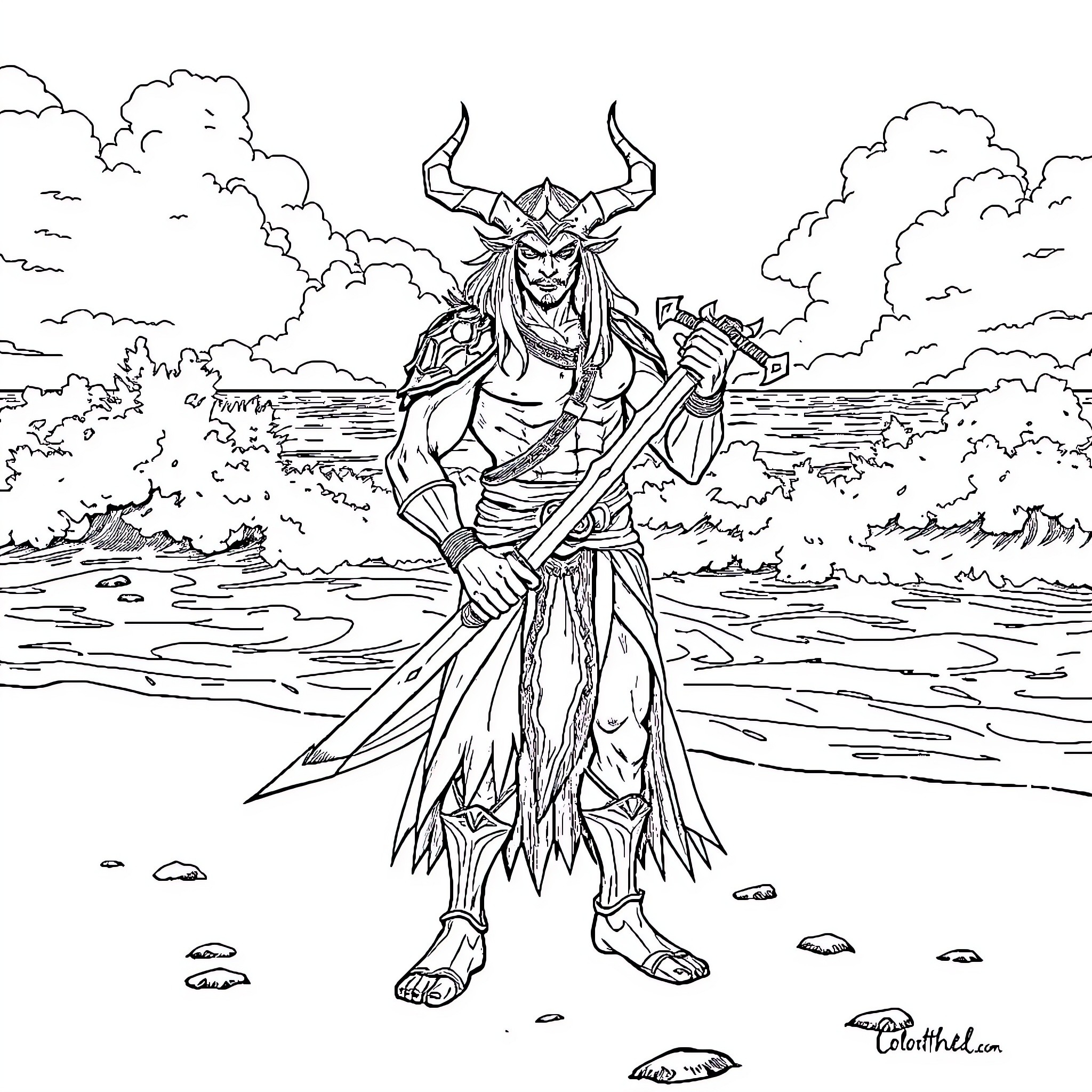 Demon Slayer Warrior Wielding Sword in Dramatic Landscape Coloring Page (free black-and-white line drawing printable PDF for all, from beginners to advanced learners, including children, teens, adults, and seniors)