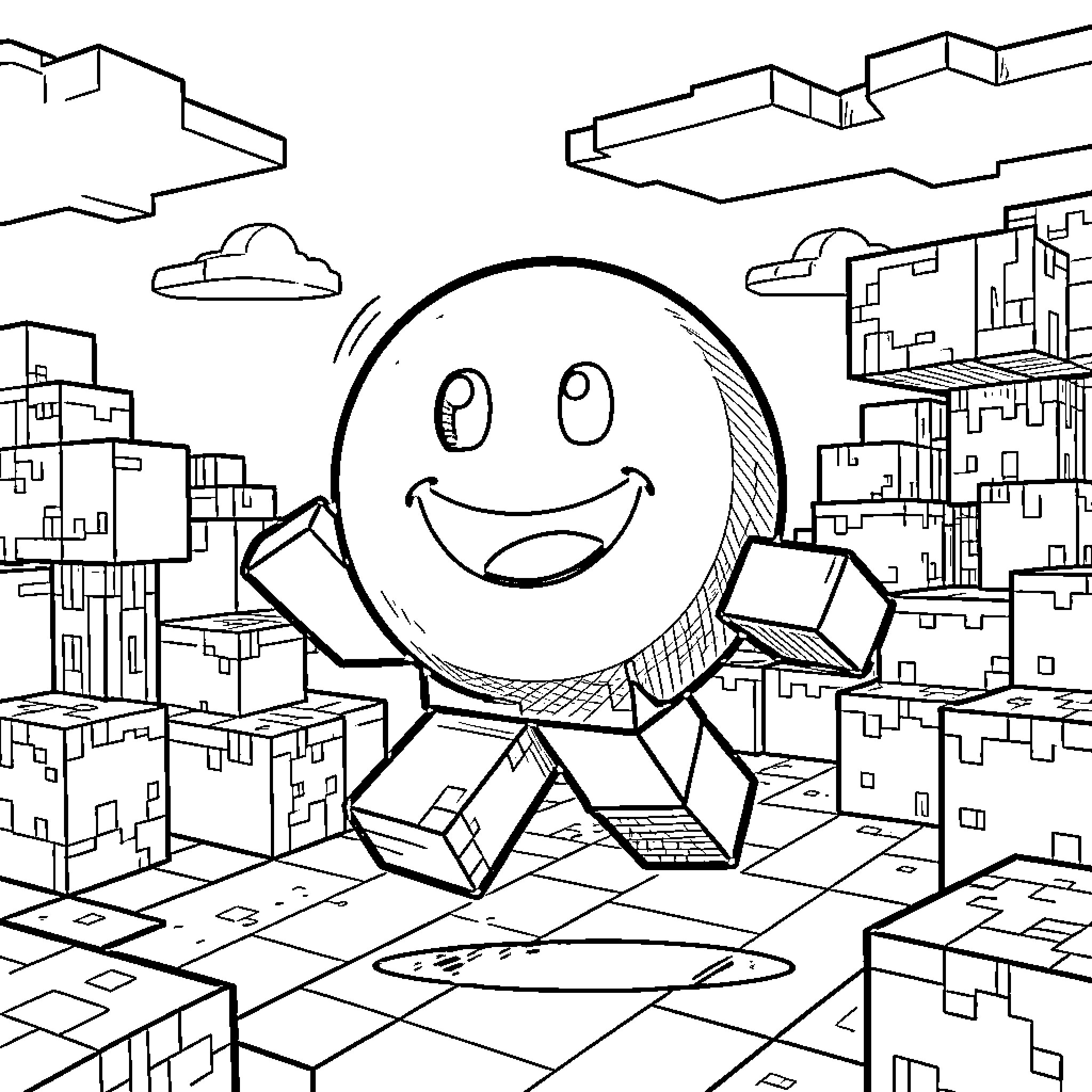 Verity joyful character dancing among geometric blocks Coloring Page (free black-and-white line drawing printable PDF for all, from beginners to advanced learners, including children, teens, adults, and seniors)