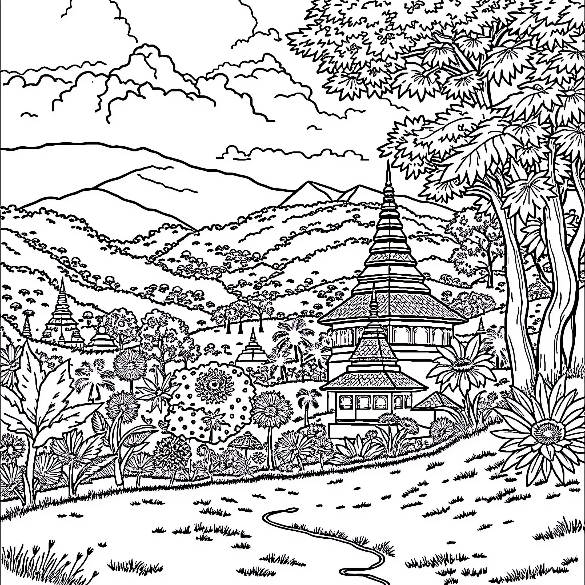Myanmar scenic landscape with temples and vegetation Coloring Page (free black-and-white line drawing printable PDF for all, from beginners to advanced learners, including children, teens, adults, and seniors)