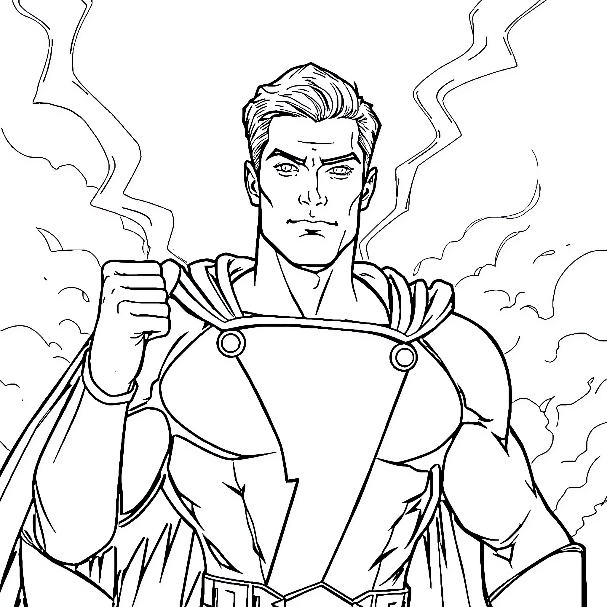 Shazam heroically stands amidst dramatic surroundings Coloring Page (free black-and-white line drawing printable PDF for all, from beginners to advanced learners, including children, teens, adults, and seniors)