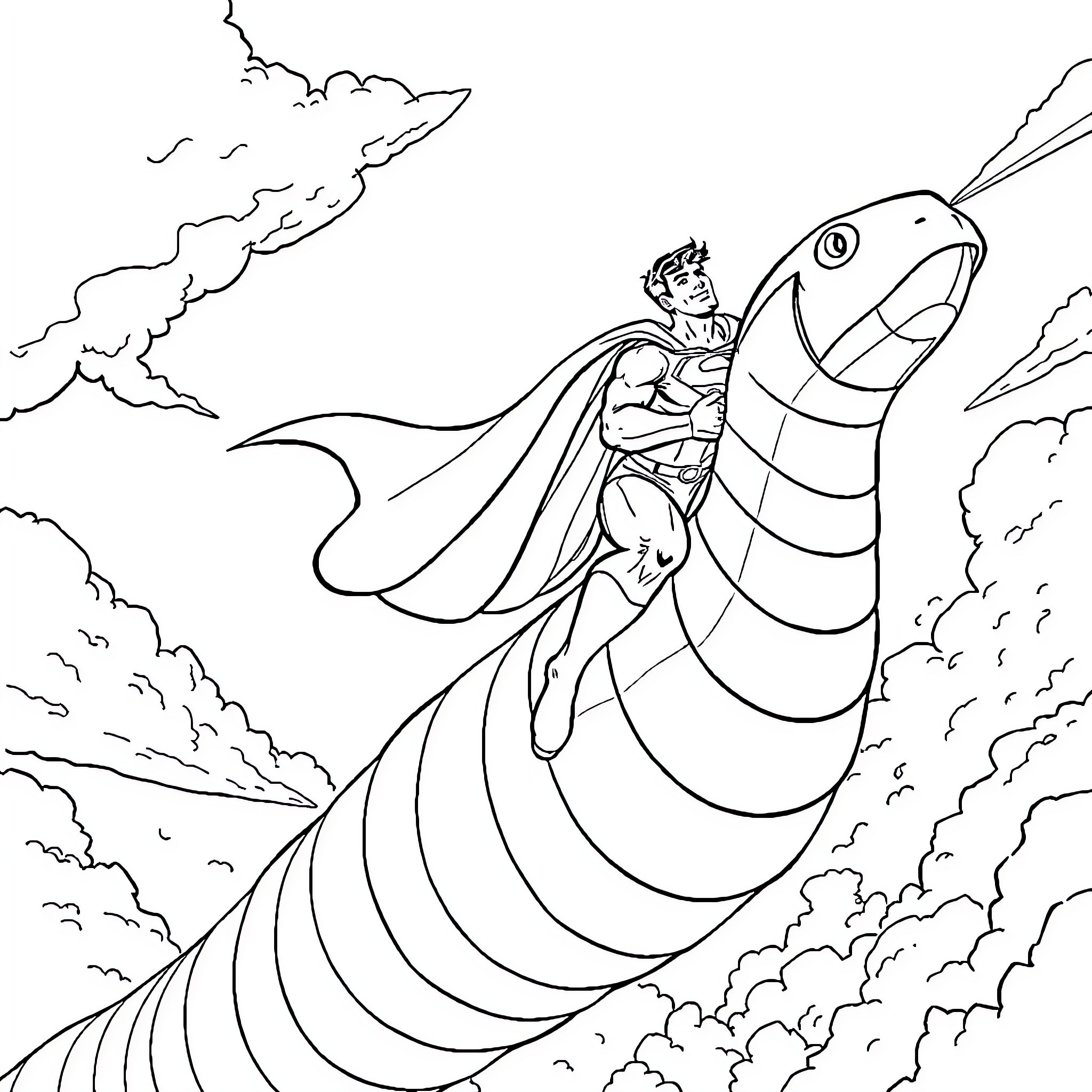 Superman riding a giant caterpillar-like creature Coloring Page (free black-and-white line drawing printable PDF for all, from beginners to advanced learners, including children, teens, adults, and seniors)