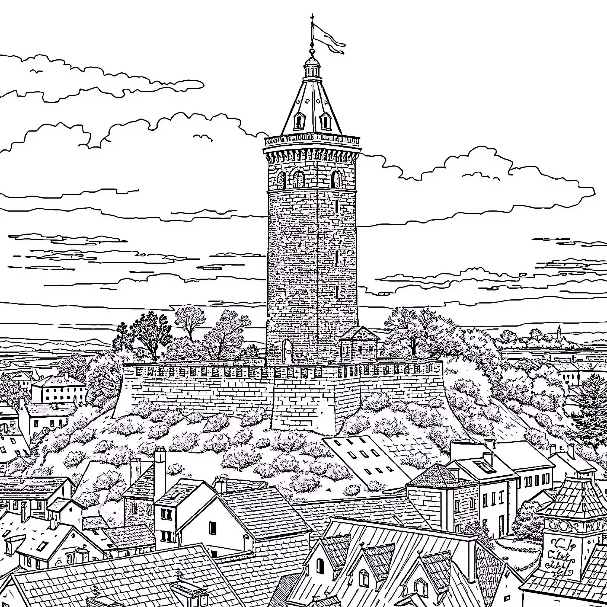 Gediminas Tower overlooking a historic city landscape Coloring Page (free black-and-white line drawing printable PDF for all, from beginners to advanced learners, including children, teens, adults, and seniors)
