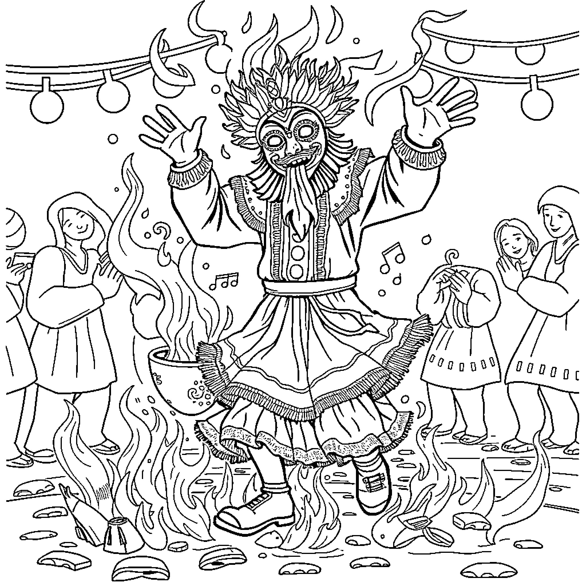 Kuker festival with costumed performers and traditional elements Coloring Page (free black-and-white line drawing printable PDF for all, from beginners to advanced learners, including children, teens, adults, and seniors)