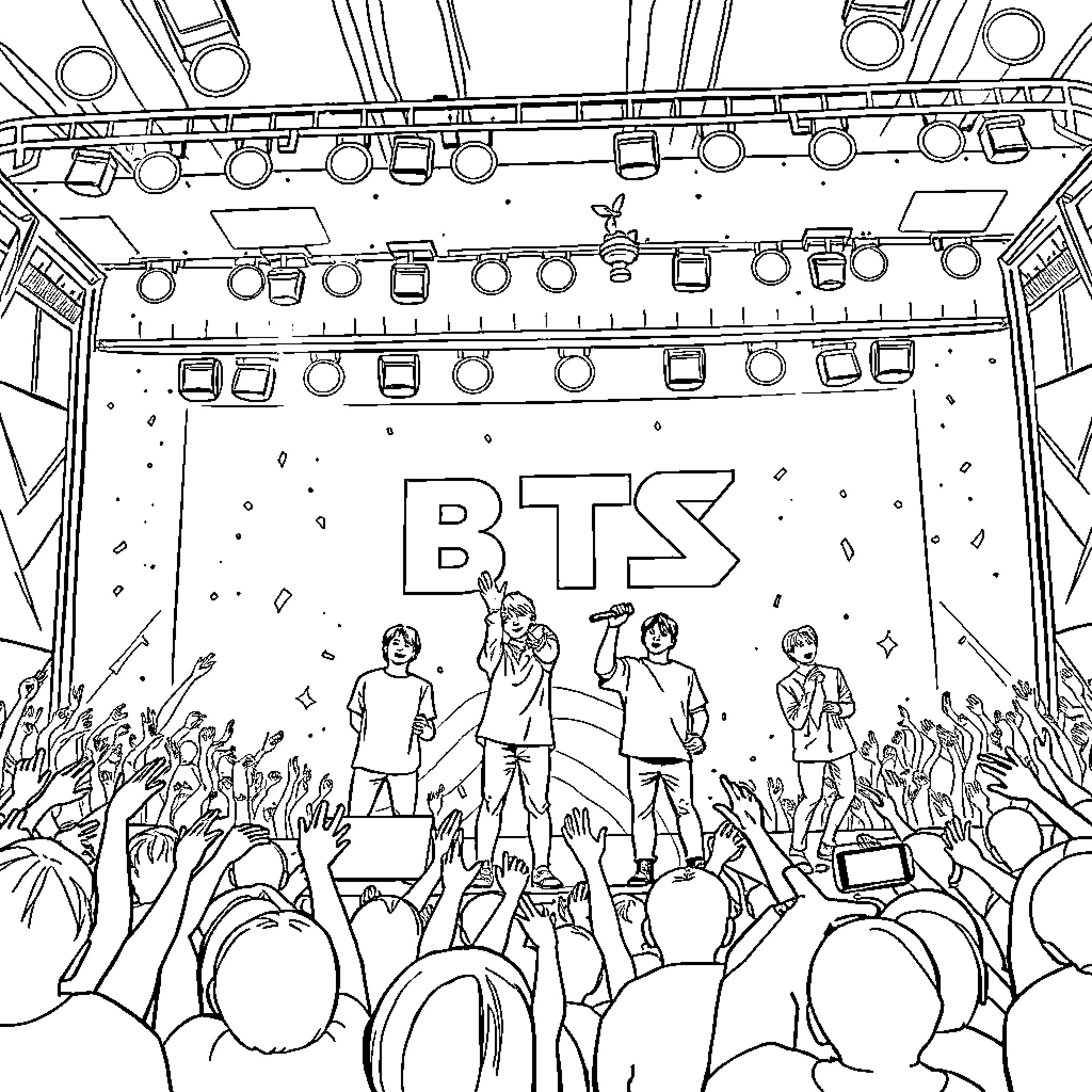 BTS Performing on Stage with Crowd Coloring Page (free black-and-white line drawing printable PDF for all, from beginners to advanced learners, including children, teens, adults, and seniors)
