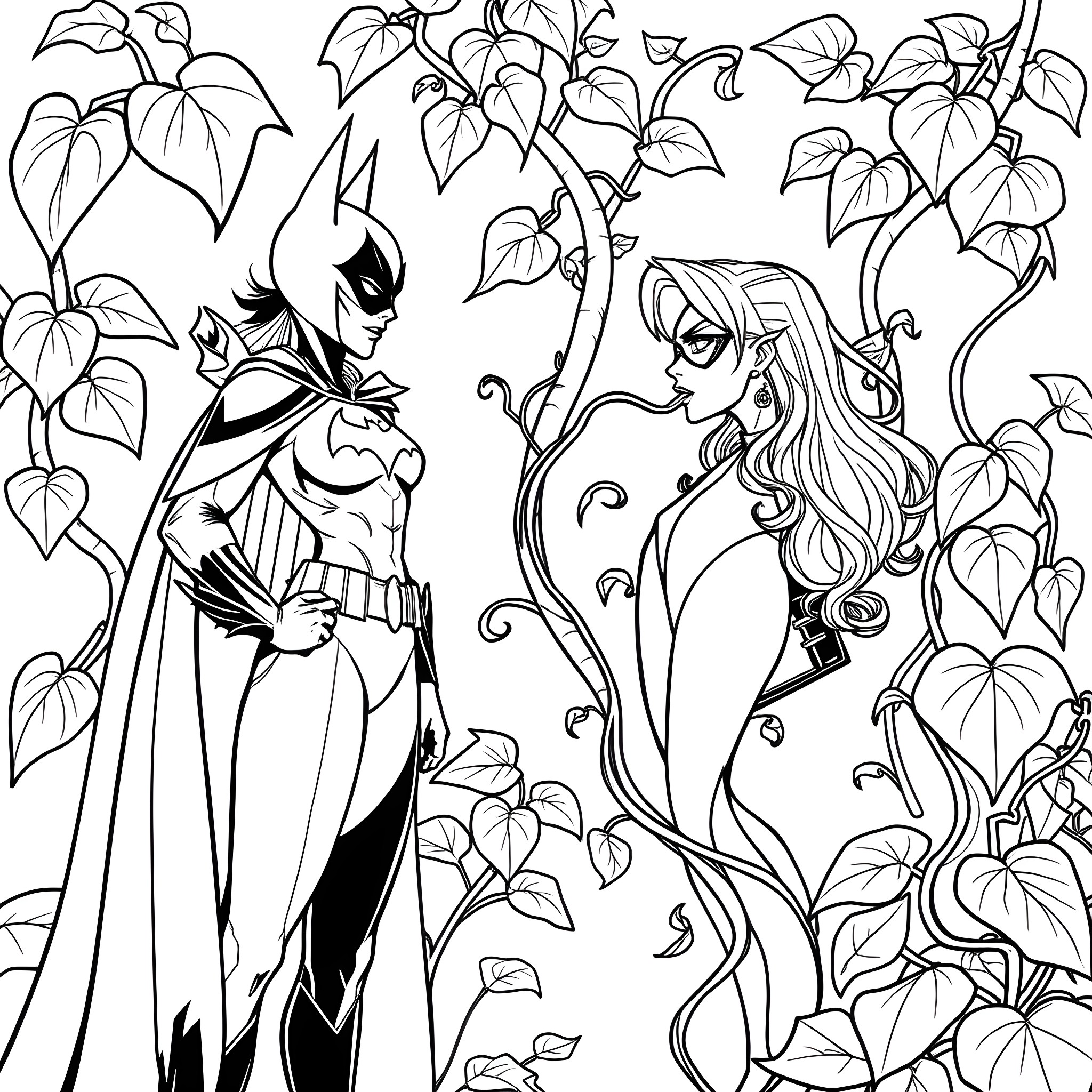 Batgirl and Poison Ivy in Floral Encounter Coloring Page (free black-and-white line drawing printable PDF for all, from beginners to advanced learners, including children, teens, adults, and seniors)