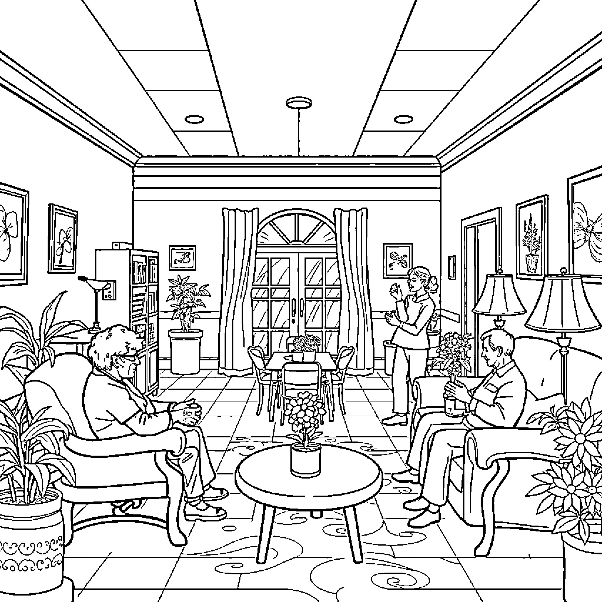 Memory Care Residents Socializing in Cozy Living Room Coloring Page (free black-and-white line drawing printable PDF for all, from beginners to advanced learners, including children, teens, adults, and seniors)