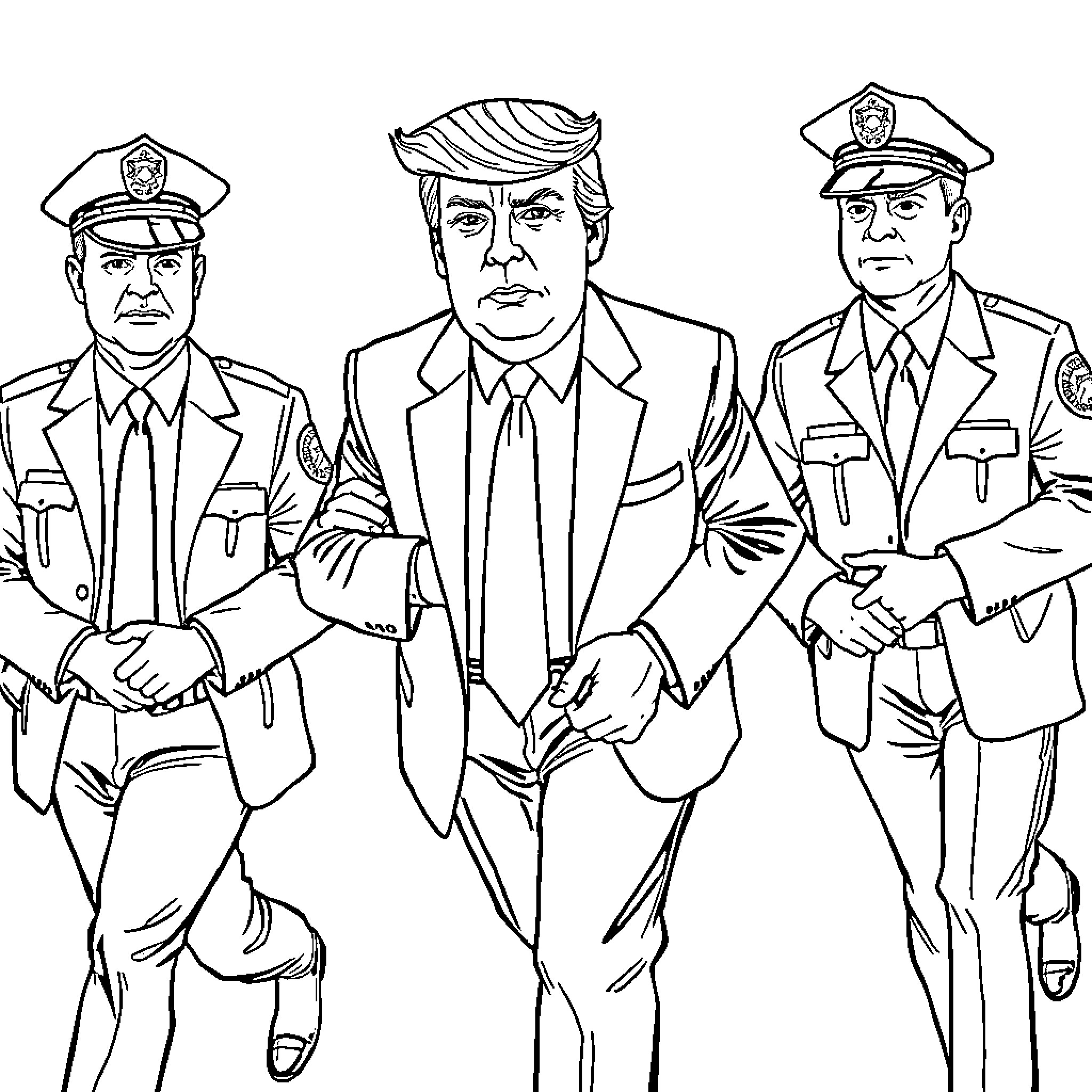 Donald Trump and Law Enforcement Officers in Suits Coloring Page (free black-and-white line drawing printable PDF for all, from beginners to advanced learners, including children, teens, adults, and seniors)