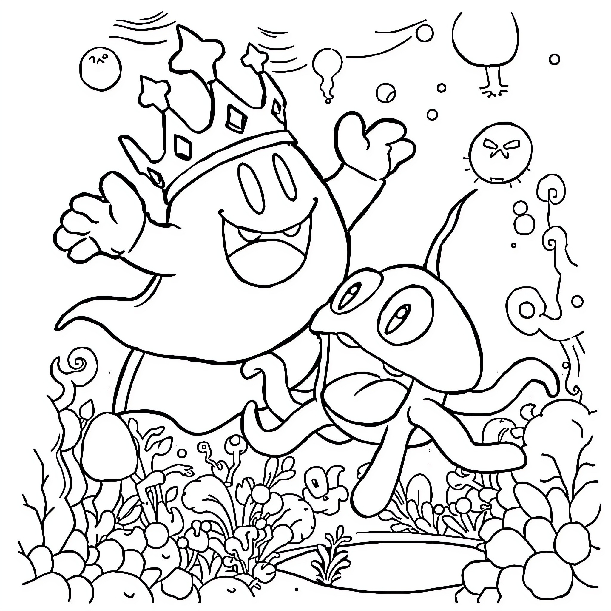 King Boo's Whimsical Underwater Adventure Coloring Page (free black-and-white line drawing printable PDF for all, from beginners to advanced learners, including children, teens, adults, and seniors)