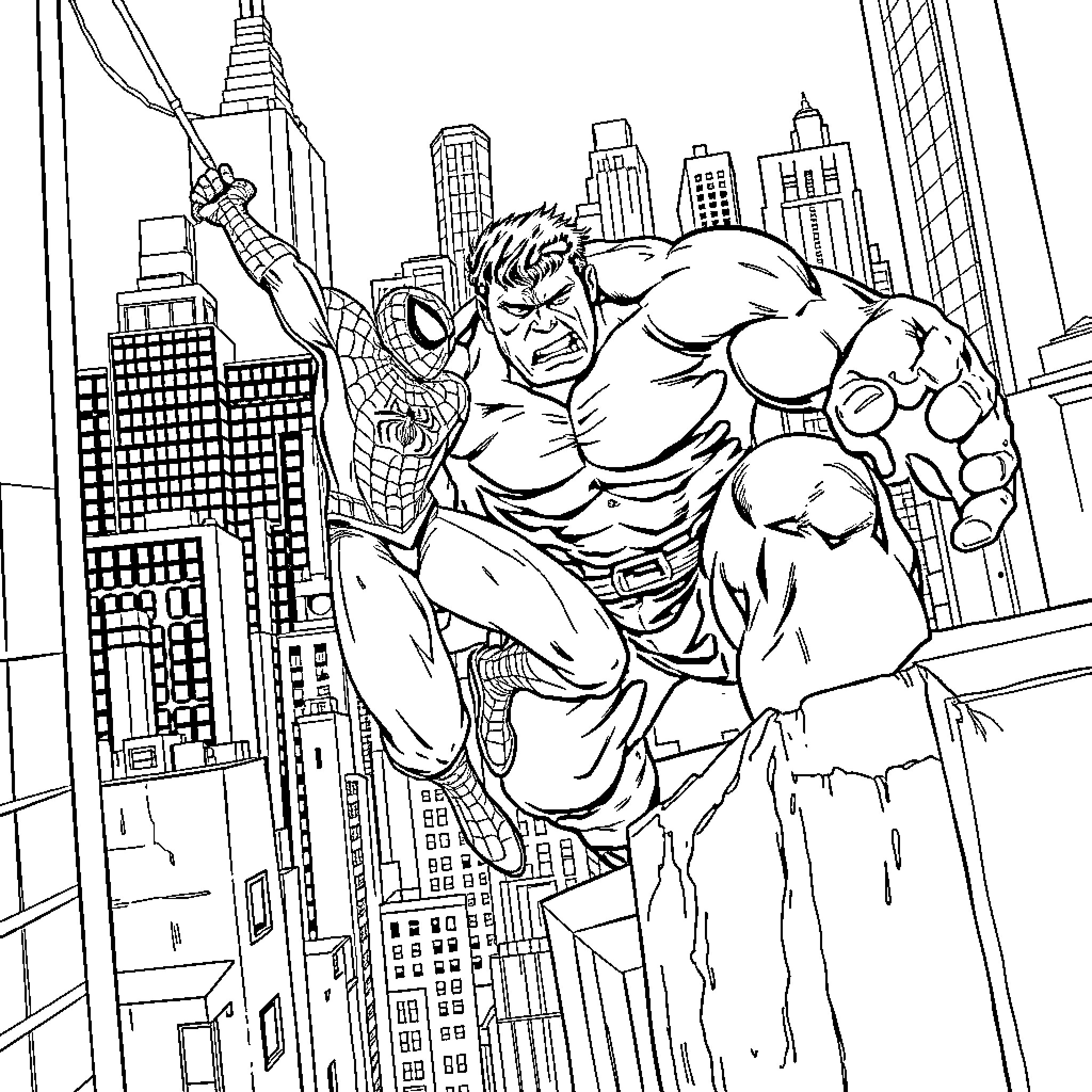 Spiderman and Hulk heroic duo battling in the city Coloring Page (free black-and-white line drawing printable PDF for all, from beginners to advanced learners, including children, teens, adults, and seniors)