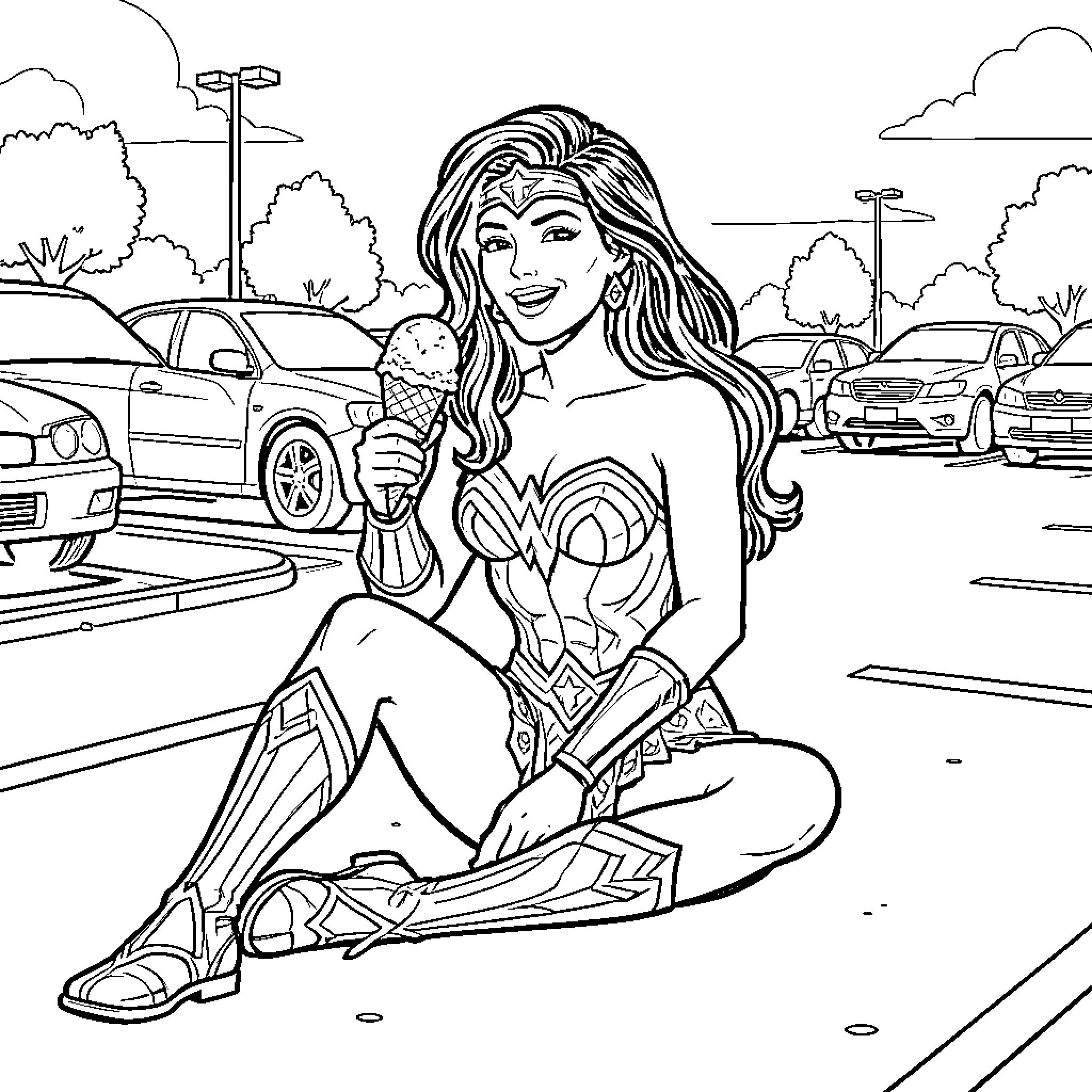Wonder Woman sitting and enjoying an ice cream cone Coloring Page (free black-and-white line drawing printable PDF for all, from beginners to advanced learners, including children, teens, adults, and seniors)