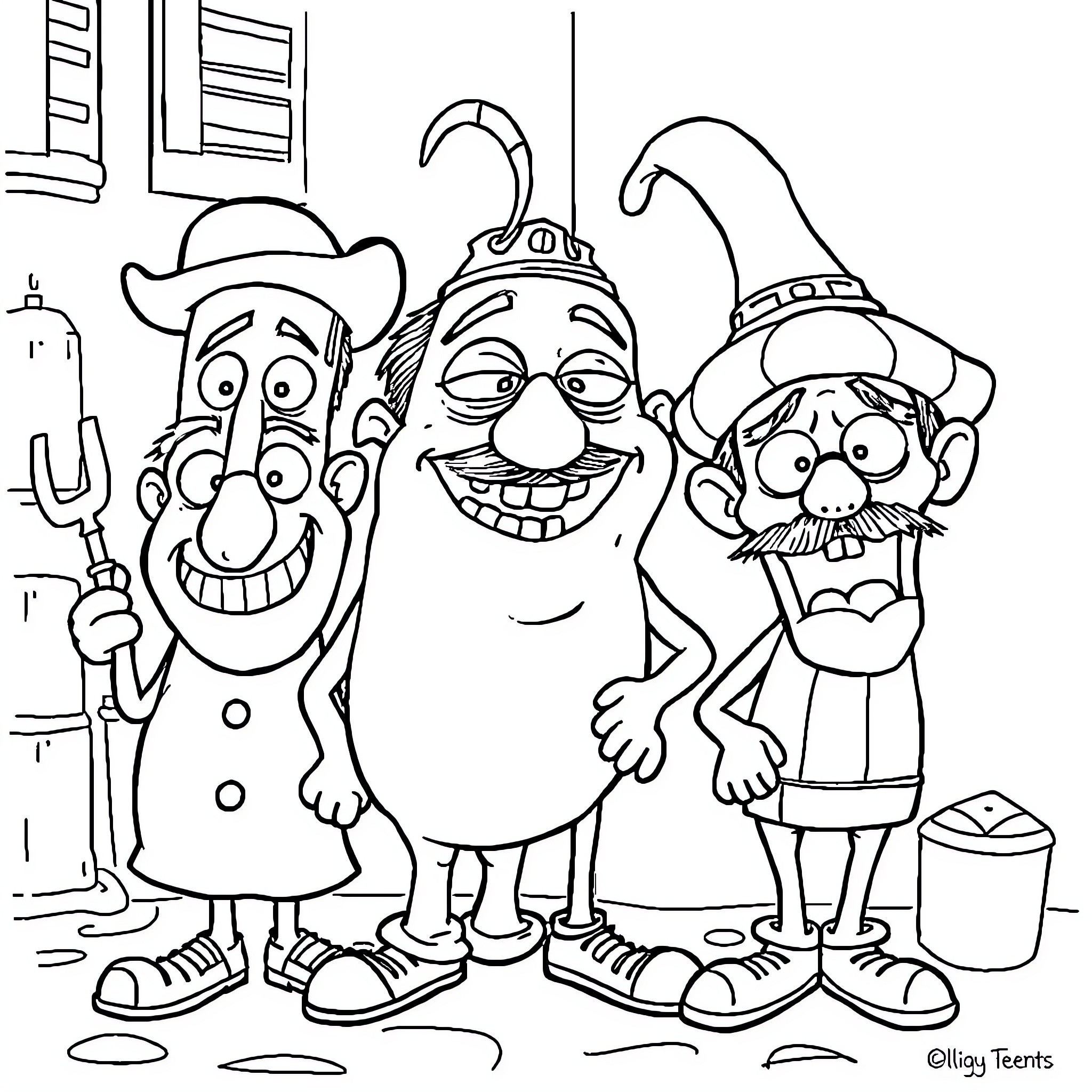 Brain Rot: Quirky Characters Grinning in Amusing Garb Coloring Page (free black-and-white line drawing printable PDF for all, from beginners to advanced learners, including children, teens, adults, and seniors)