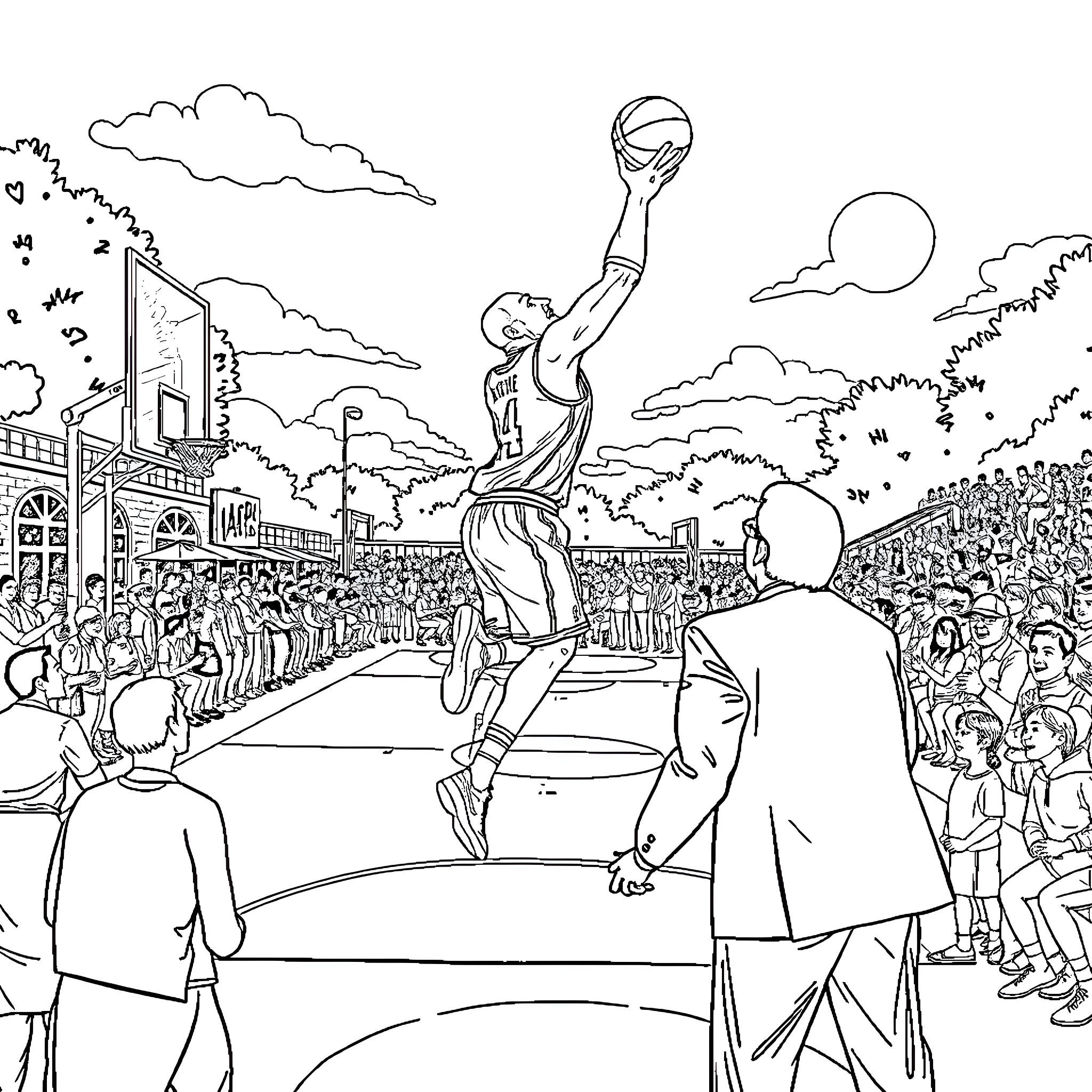 Kobe Bryant's Iconic Basketball Moment Coloring Page (free black-and-white line drawing printable PDF for all, from beginners to advanced learners, including children, teens, adults, and seniors)
