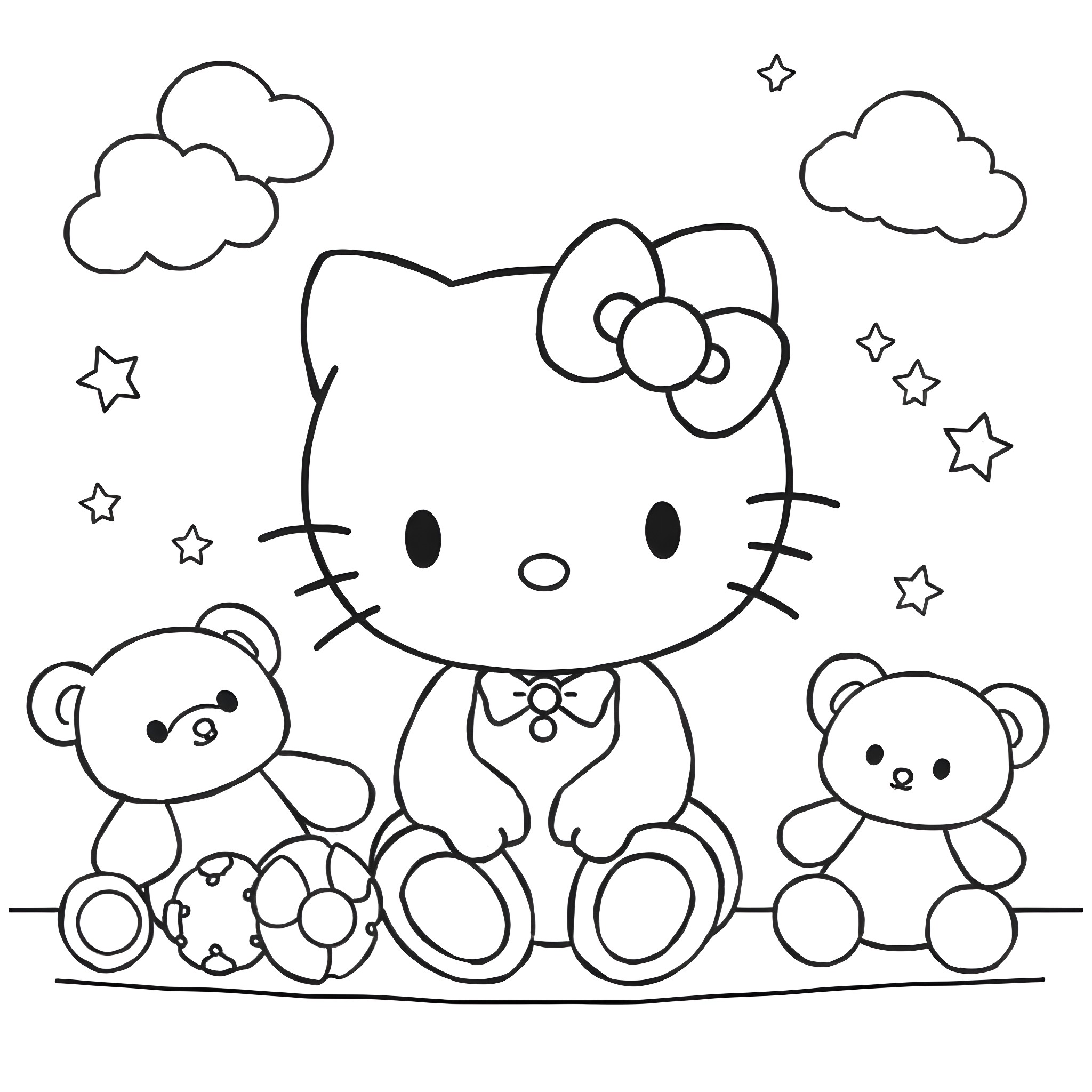 Hello Kitty playing with teddy bears in the sky Coloring Page (free black-and-white line drawing printable PDF for all, from beginners to advanced learners, including children, teens, adults, and seniors)