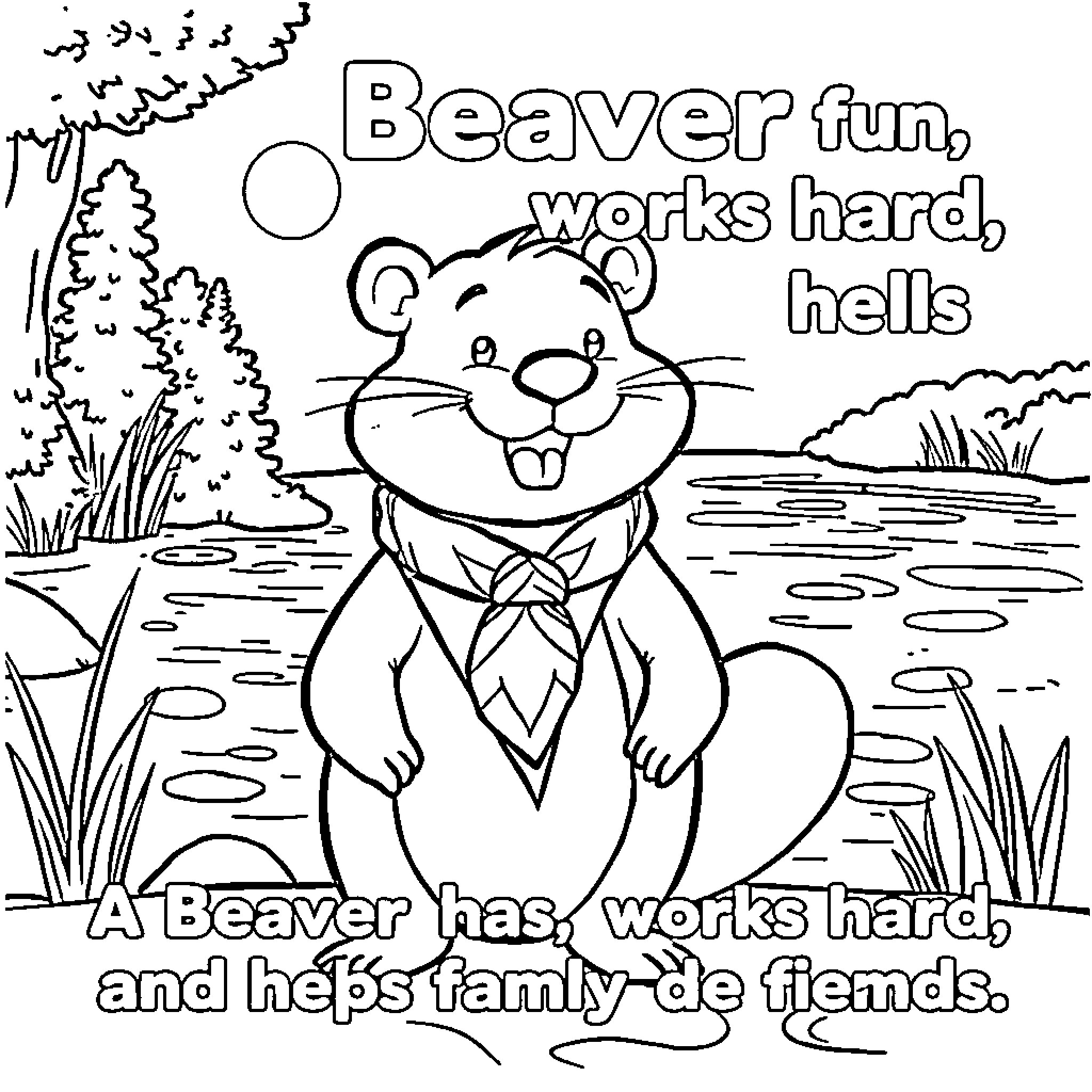 Beaver fun, works hard, hells Coloring Page (free black-and-white line drawing printable PDF for all, from beginners to advanced learners, including children, teens, adults, and seniors)