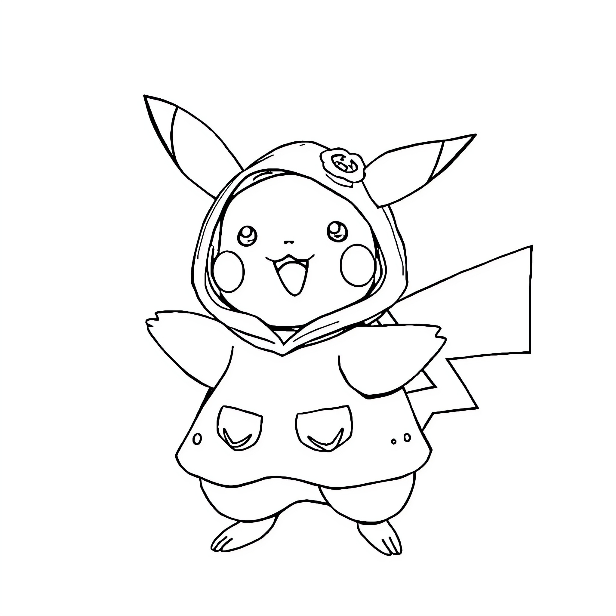 Pikachu wearing a cute outfit and posing happily Coloring Page (free black-and-white line drawing printable PDF for all, from beginners to advanced learners, including children, teens, adults, and seniors)