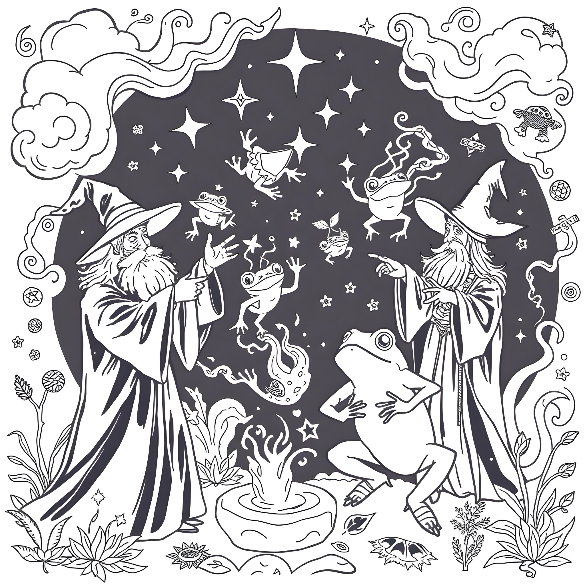 Wizard Enchanting Frogs Under the Starry Night Sky Coloring Page (free black-and-white line drawing printable PDF for all, from beginners to advanced learners, including children, teens, adults, and seniors)