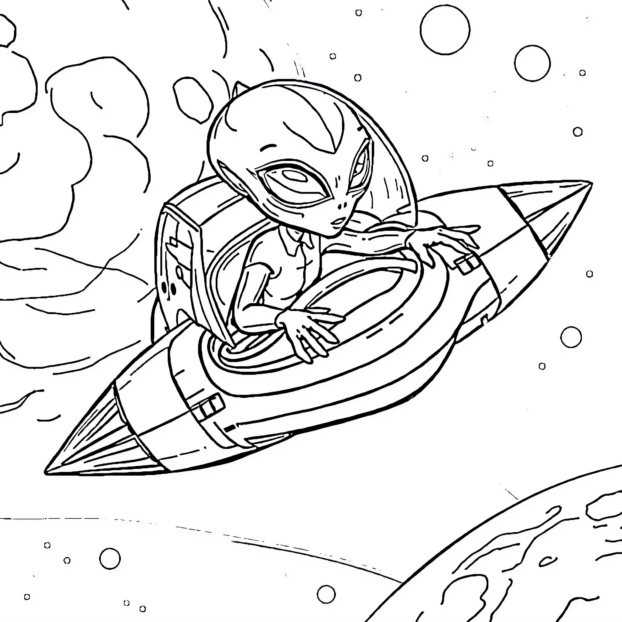 Alien riding a futuristic spacecraft in space Coloring Page (free black-and-white line drawing printable PDF for all, from beginners to advanced learners, including children, teens, adults, and seniors)