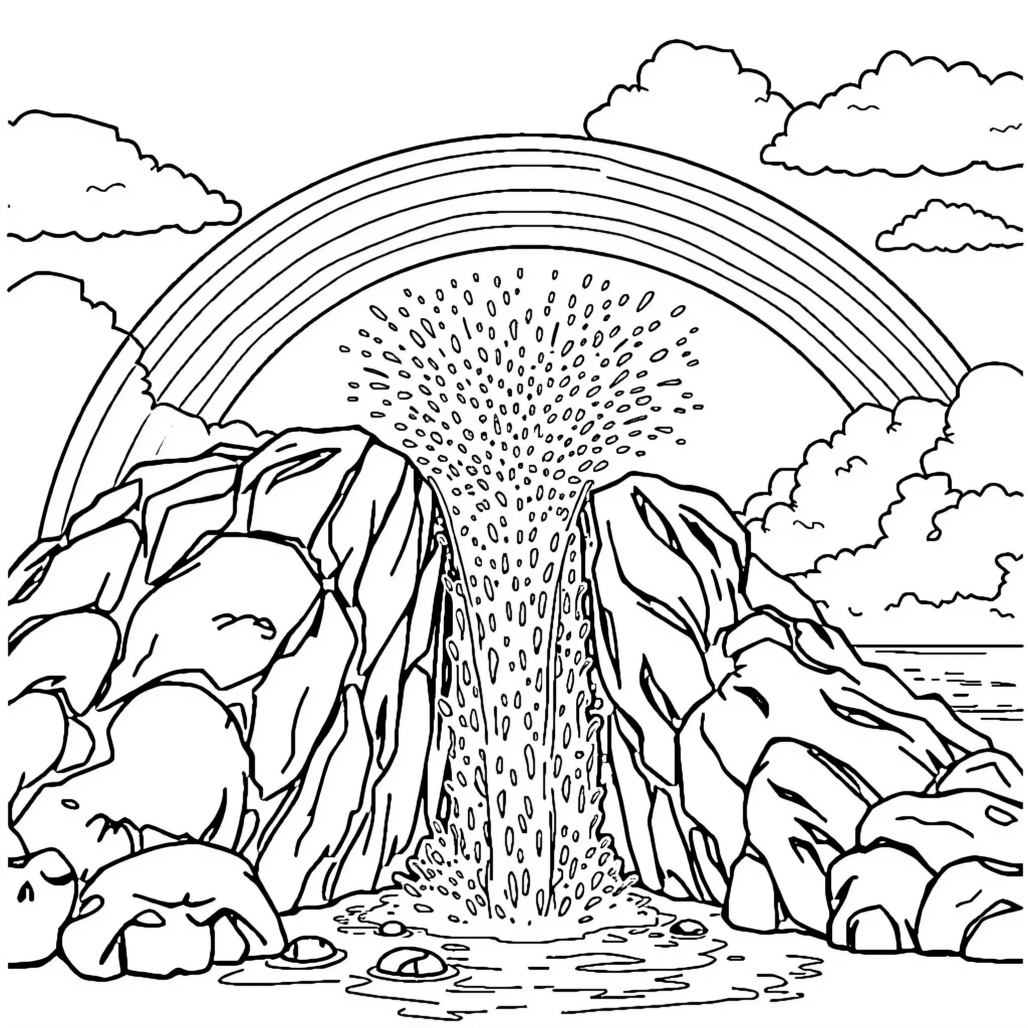 Blow Hole Erupting with Dramatic Scenery Coloring Page (free black-and-white line drawing printable PDF for all, from beginners to advanced learners, including children, teens, adults, and seniors)