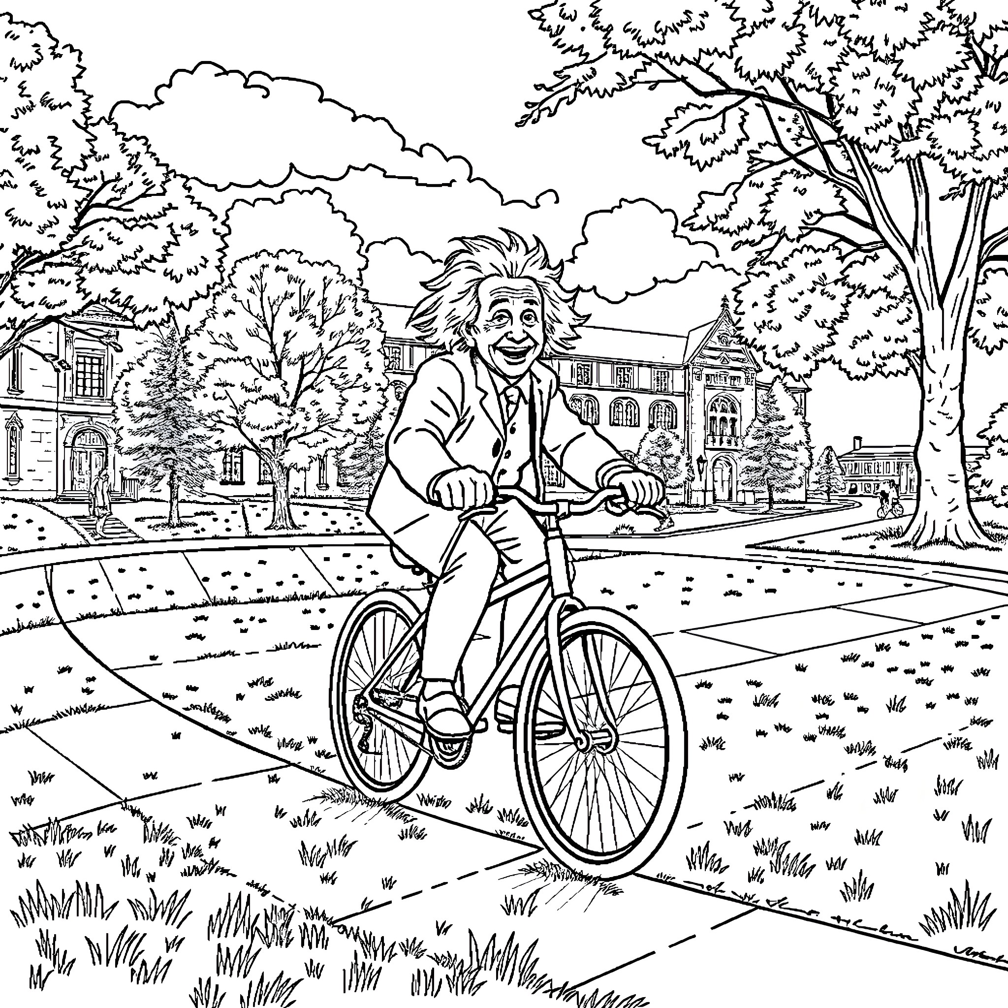 Einstein enjoying a bicycle ride through a scenic park Coloring Page (free black-and-white line drawing printable PDF for all, from beginners to advanced learners, including children, teens, adults, and seniors)
