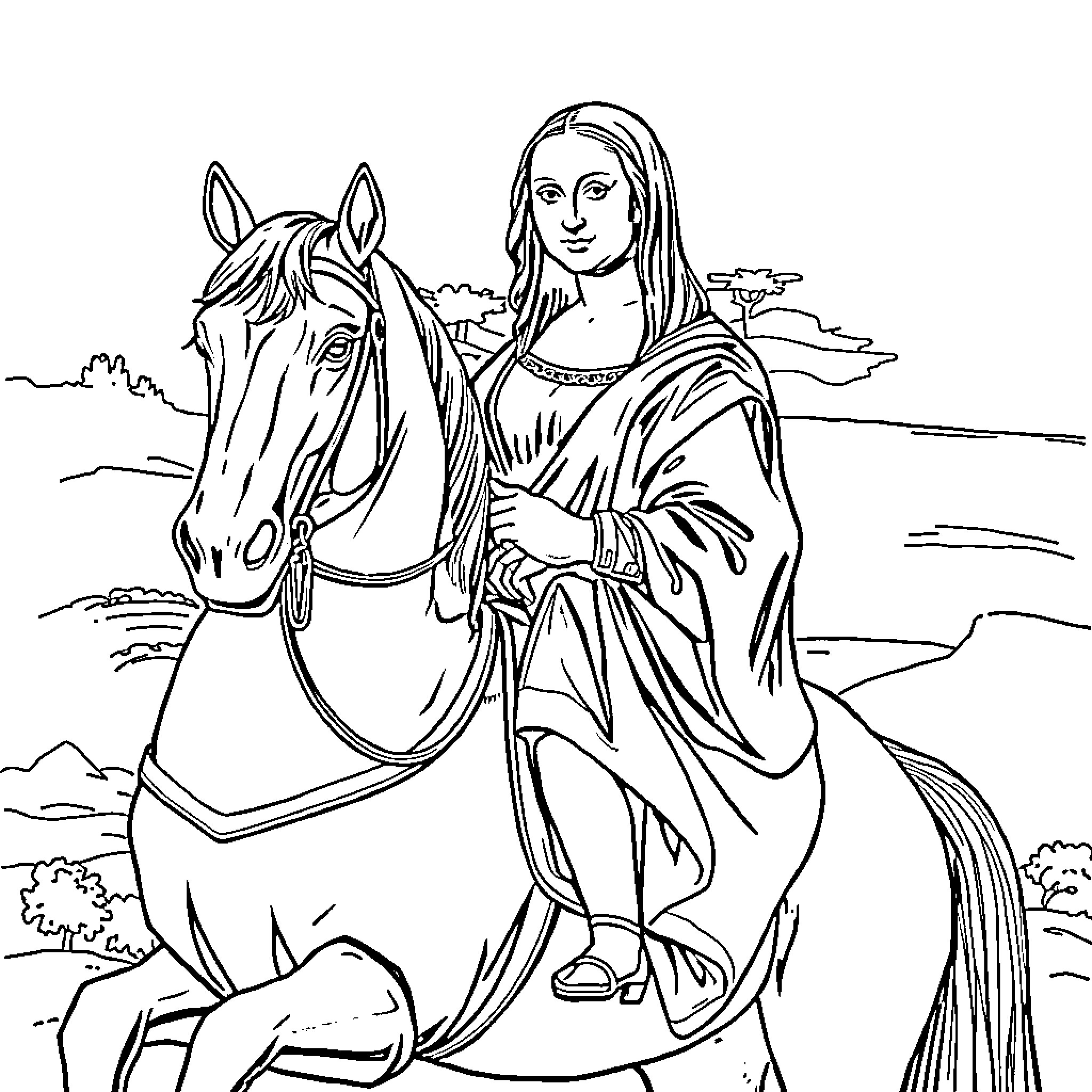 Mona Lisa riding a horse in a pastoral scene Coloring Page (free black-and-white line drawing printable PDF for all, from beginners to advanced learners, including children, teens, adults, and seniors)